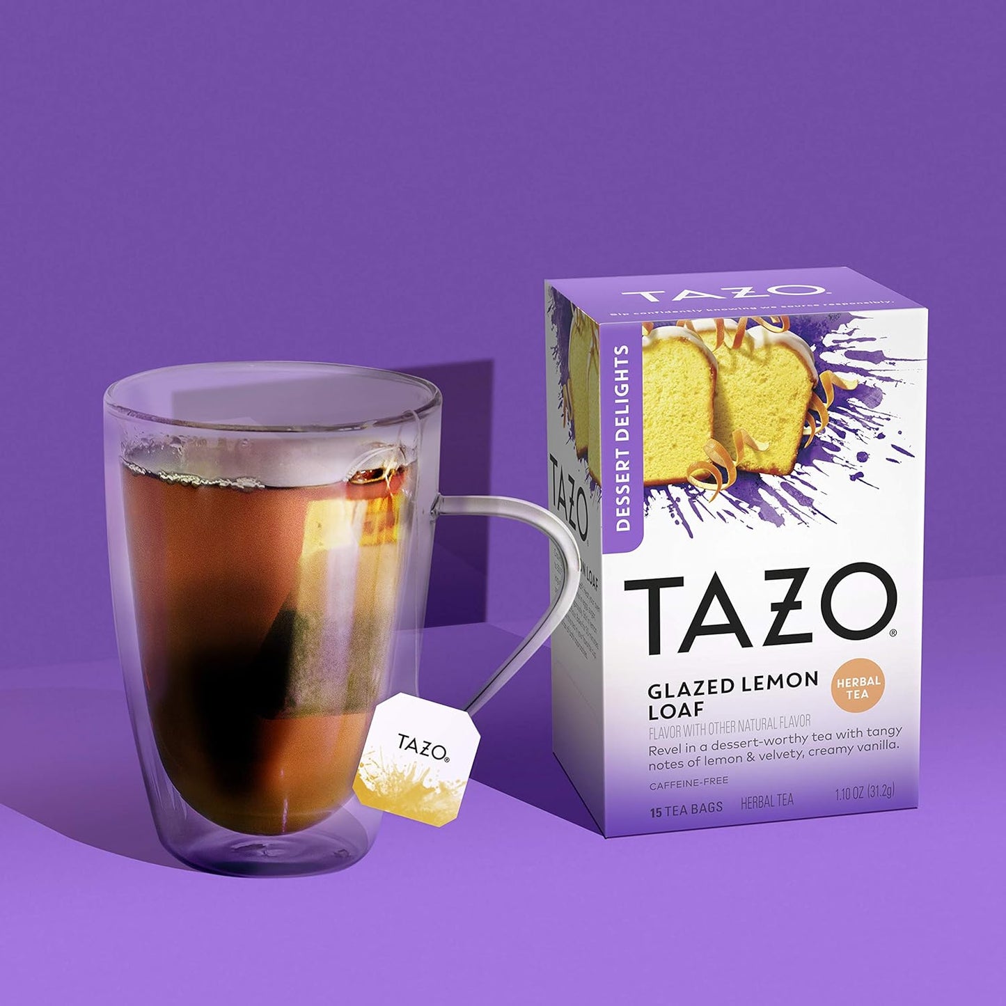 TAZO Glazed Lemon Loaf Dessert Delights Herbal Tea Bags, Caffeine Free, 15 Total Tea Bags