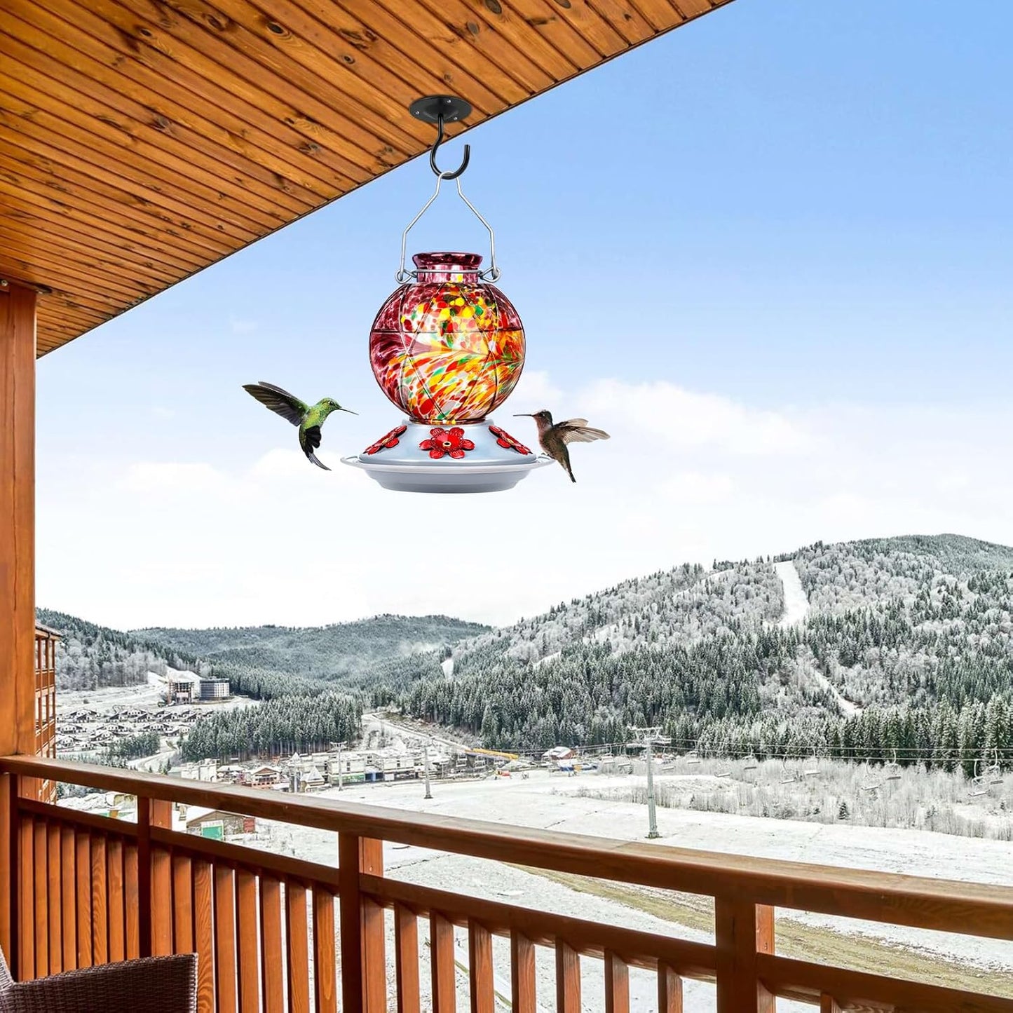BOLITE Hummingbird Feeder, Hummingbird Feeders for Outdoors Hanging, Hand Blown Glass, Meshy Texture Ball Shape Bottle, 5 Feeding Ports with Perch, 20 Ounces, Leak Proof, Purple, Gifts for Women Men