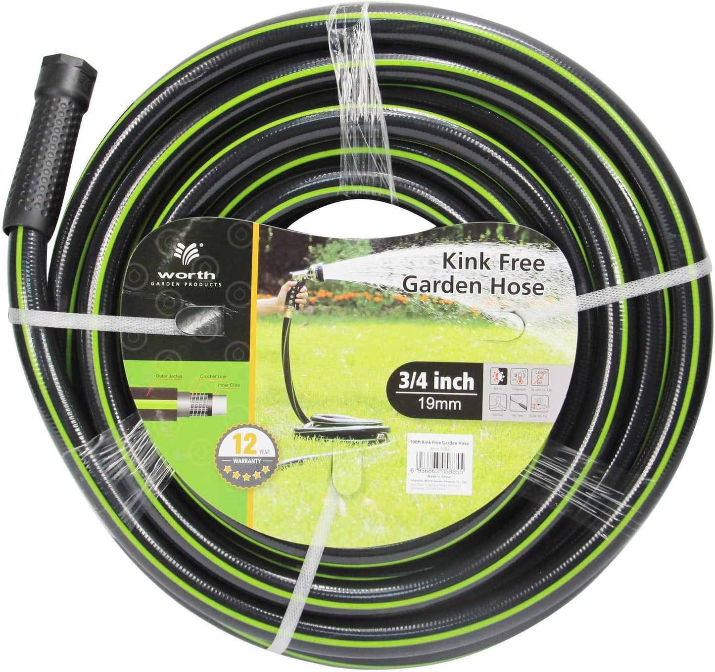 Worth Garden Hose 3/4 in. x 100 ft. - Heavy Duty Lightweight PVC Water Hose - Flexible, No Kink, Leakproof, Male to Female Fittings - 200PSI Work & 500PSI Burst, for Lawn, Gardening & Commercial Use