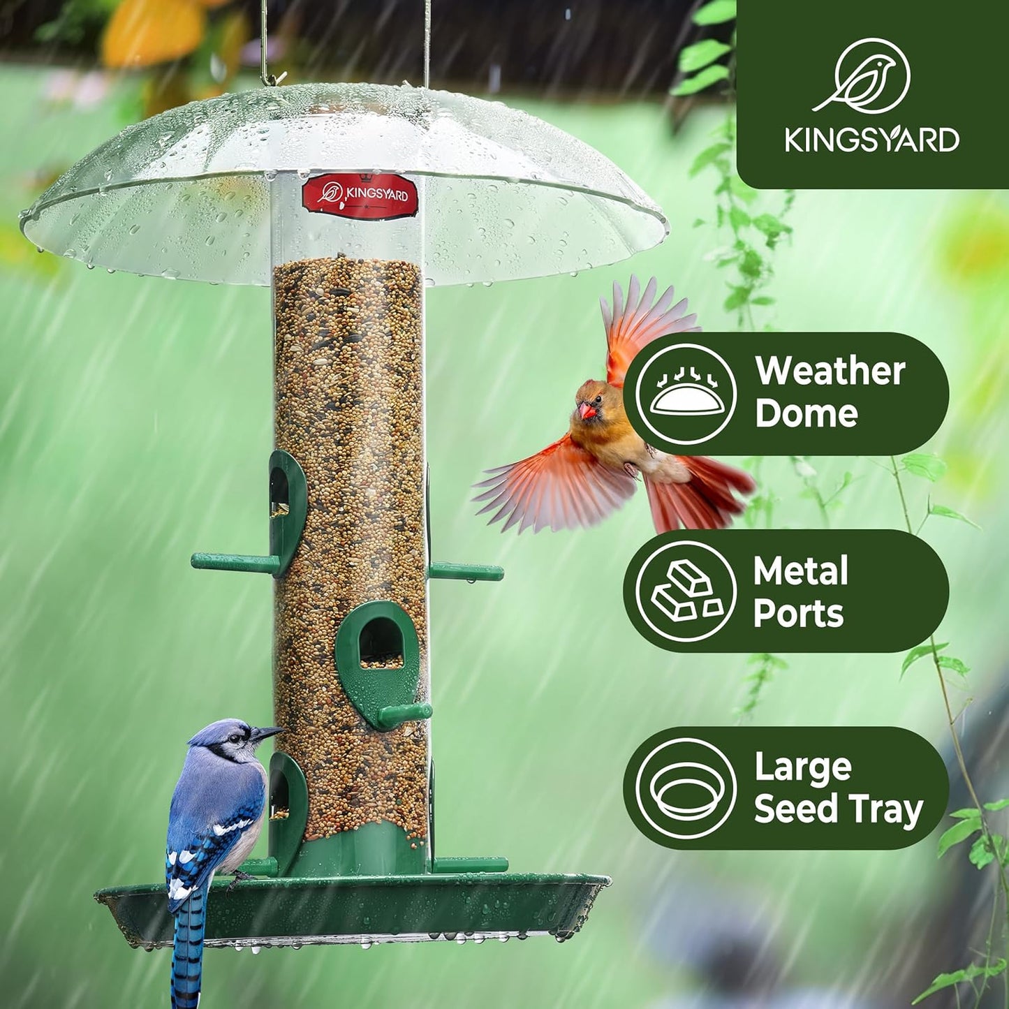 Kingsyard Metal Bird Feeders for Outdoors Hanging, Wild Bird Feeder with Large 11.5" Protective Dome and 8" Removable Tray, 3 lb Seeds Capacity (Green)