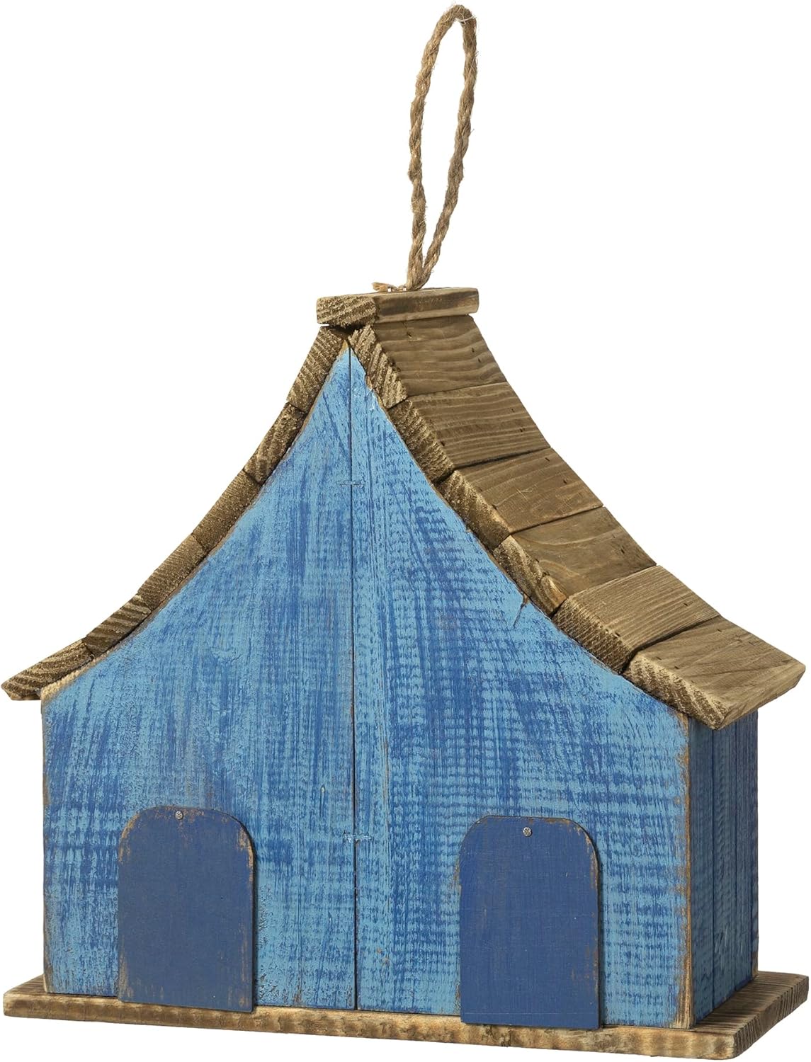 Glitzhome 10.5" H Hanging Birdhouse Washed Blue Distressed Decorative Wooden Two-Story Townhouse with 3D Flowers for Outside