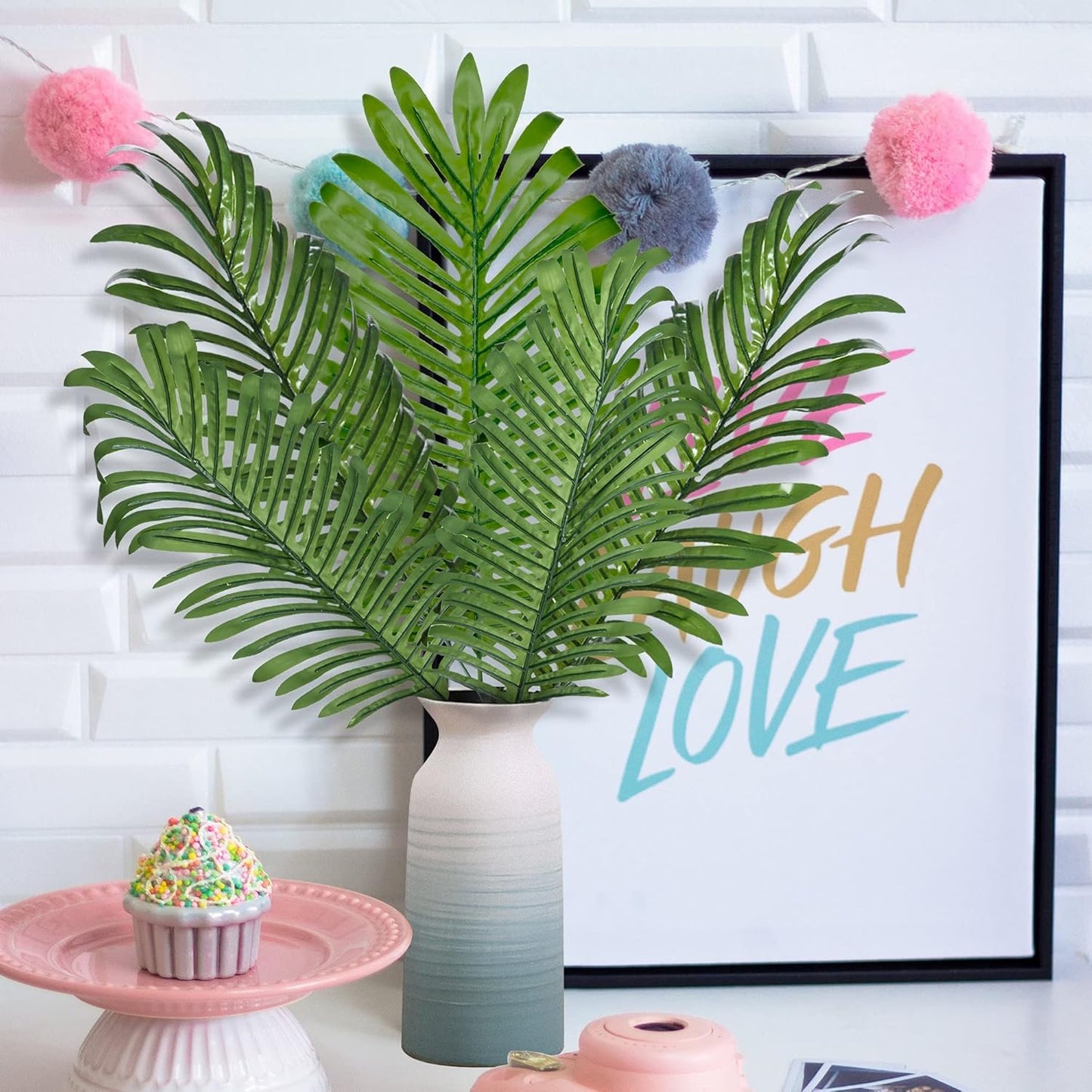 Grand Verde Palm Leaves Artificial Greenery Bulk Stems Tropical Hawaiian Decor Faux Tree Branches 21” Long Plastic Plants Sun-Resistant Indoor Outdoor Luau Wedding Decoration, 5pcs