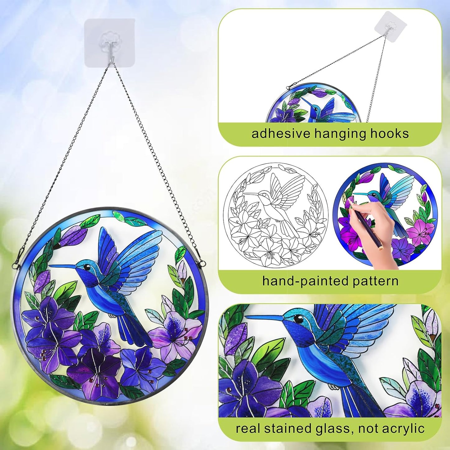 Stained Glass Sun Cather for Window Hanging, Hummingbird Suncatcher with Purple Flowers for Indoor Ornament, Bird Stain Glass Home Decor for Women, Mom, Grandma