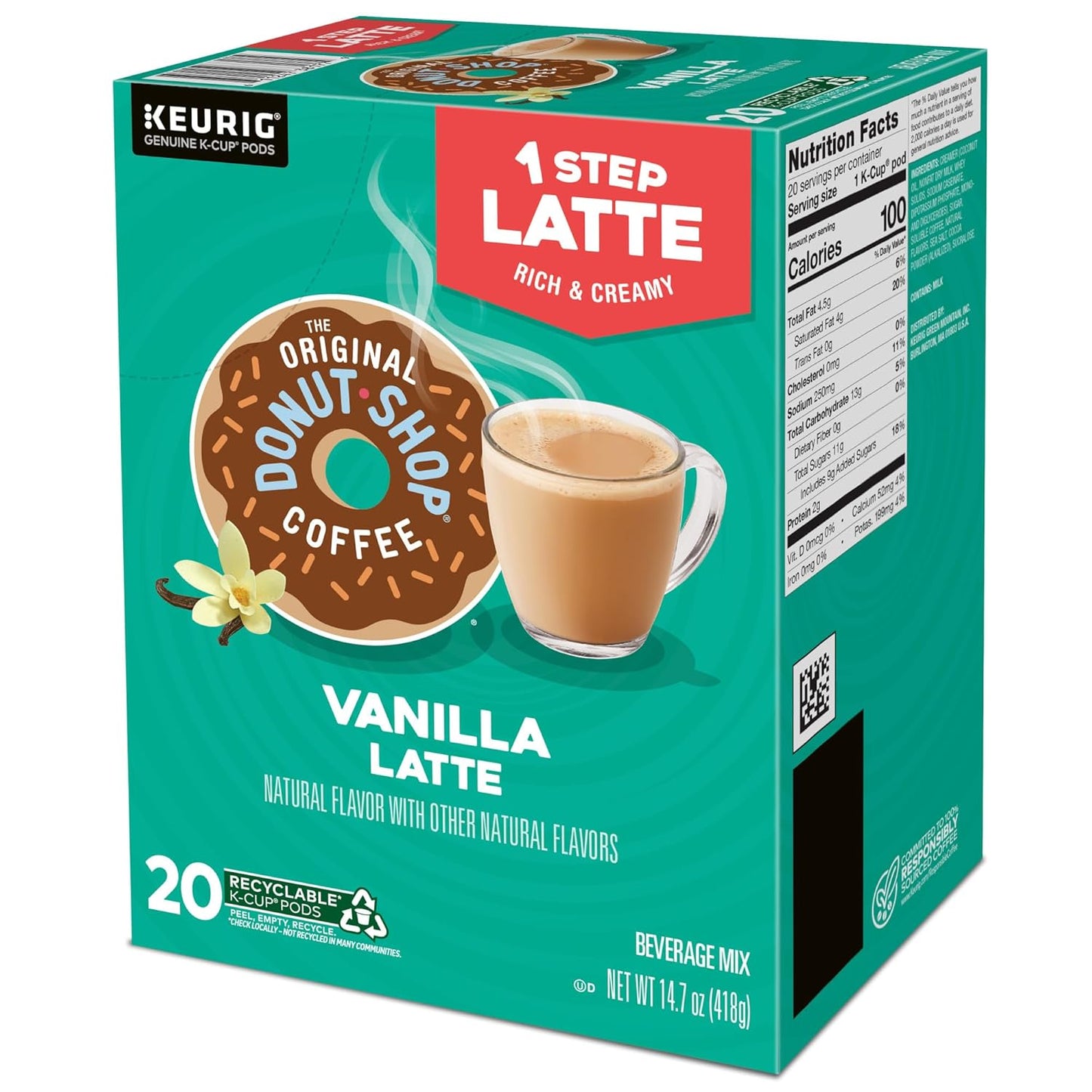 The Original Donut Shop Vanilla Latte, Single-Serve Keurig K-Cup Pods, Flavored Coffee, 20 Count