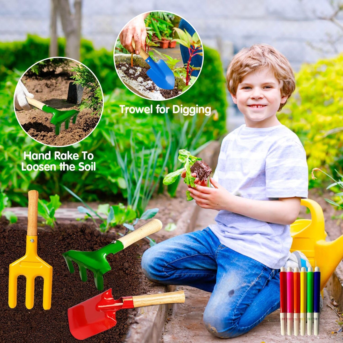 Kids Gardening Tools, Toddler Gardening Set for Kids Includes Rake, Sh