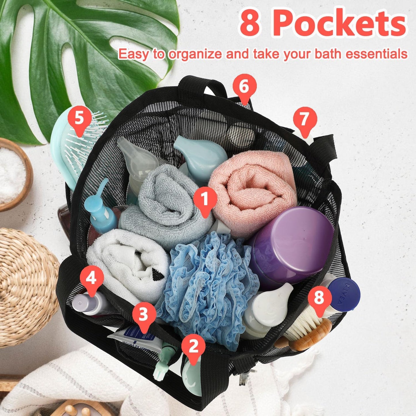 Mesh Shower Caddy Portable for College Dorm Room Essentials, 8-Pocket Large Shower Basket Tote Bag with 2 Handles for Toiletry, Bathroom, Beach, Camp, Gym | Portable, Quick-Dry, 2 Handles