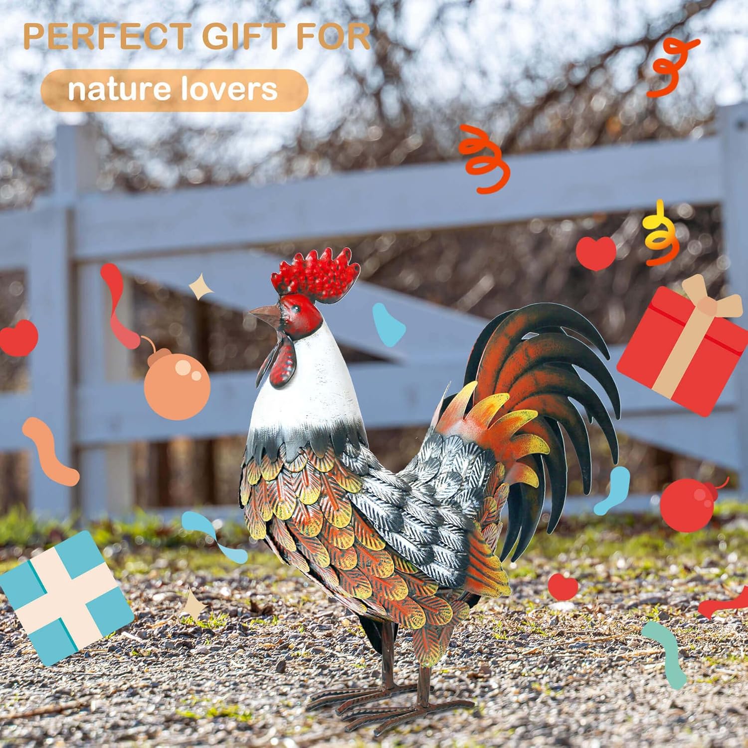 Kircust Garden Rooster Statues & Sculpture, Metal Chicken Animal Yard 