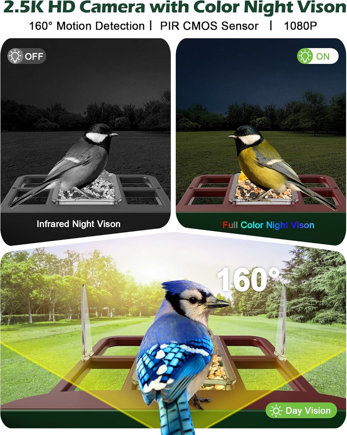 Smart Bird Feeder with Camera Solar Powered, 5MP 2.5K HD Live Video Bi