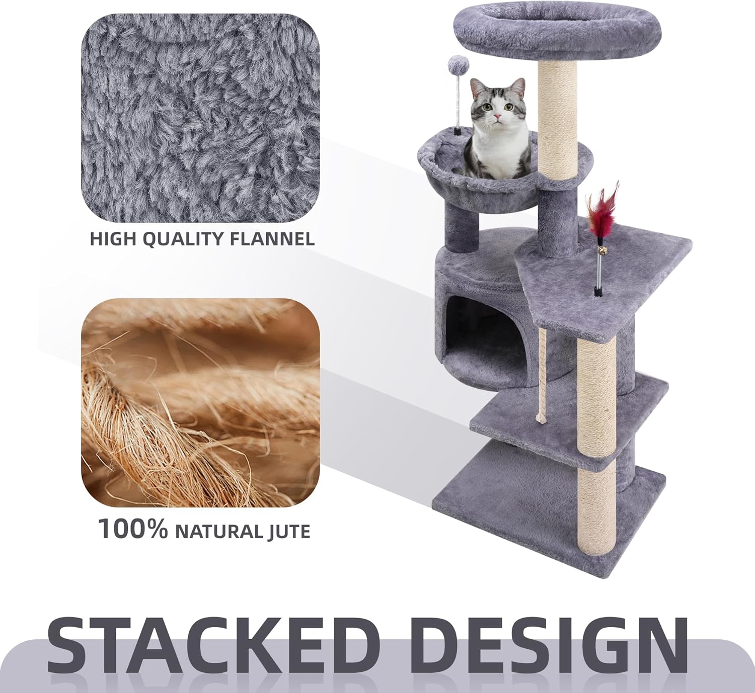 TWDEPART 42.5'' Cat Tree for Indor Cats, Multifunctional Cat Tower wit