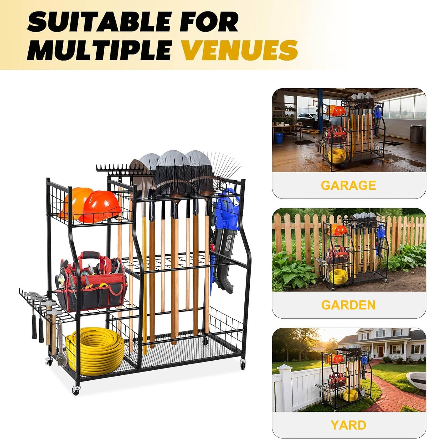 Garden Tool Organizer Rolling Cart Large Capacity Rust-Resistant Metal