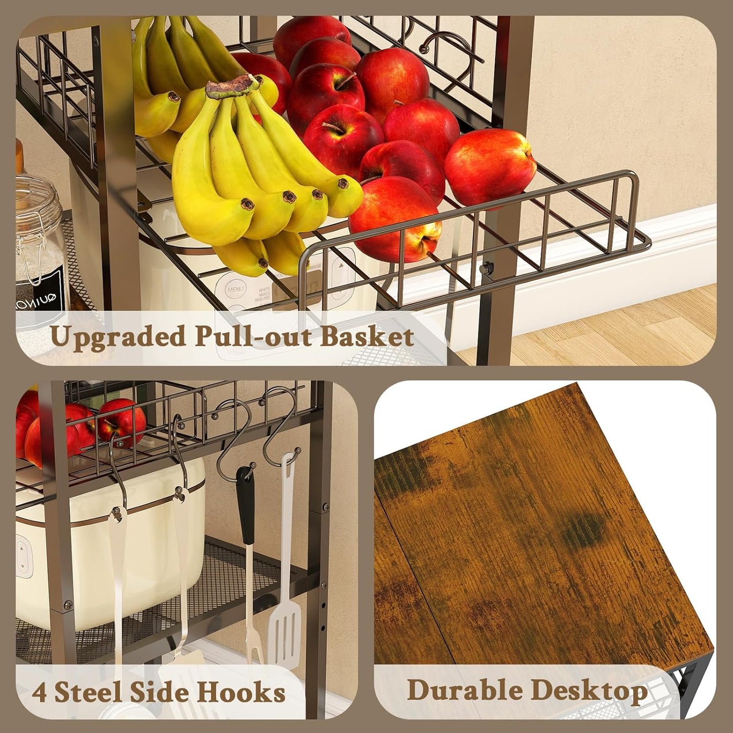 Hadulcet 4-Tier Adjustable Microwave Stand with Storage on Wheels - Rolling Kitchen Cart & Mobile Coffee Bar, Standing Baker's Rack for Kitchen Island, Office, Living Room