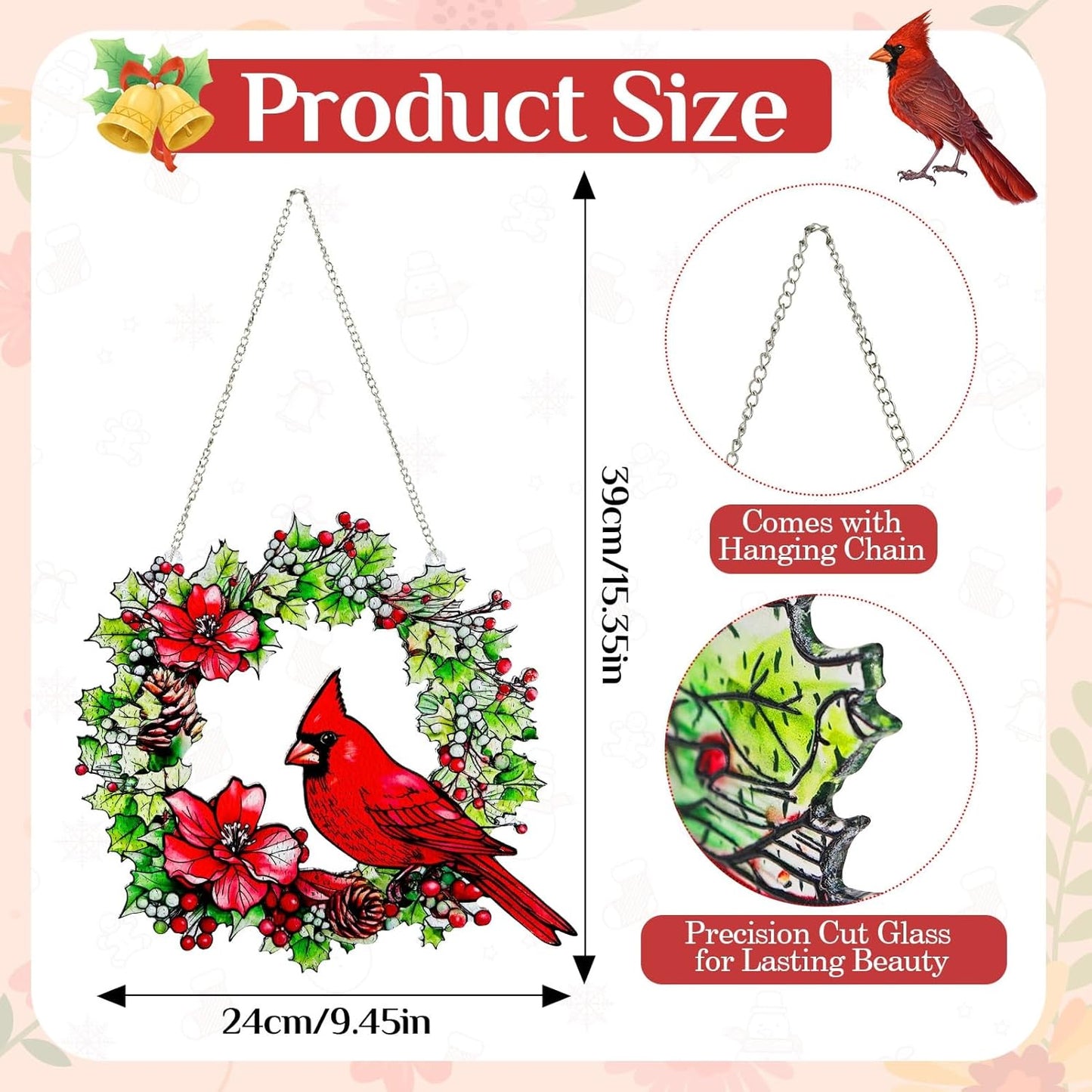 Cardinal Stained Glass Window Hanging, Renyalora 10 Inch Red Cardinal Bird Wreath Suncatcher with Flowers & Pinecones, Real Glass Window Decor Gift for Bird Lovers Mom Women Home Garden