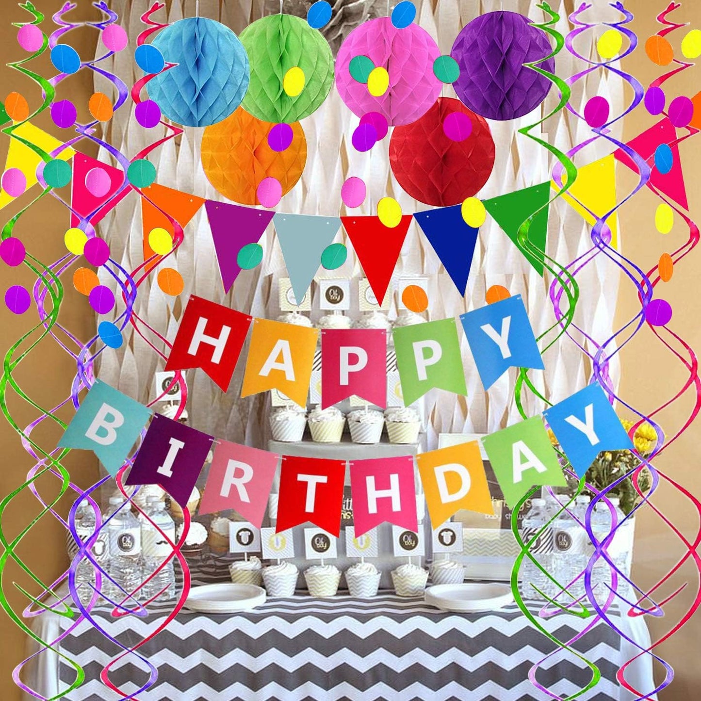 Fecedy Happy Birthday Banner With Colorful Paper Flag Bunting Paper Circle Confetti Garland Swirl Streamers Honeycomb ball for Birthday Party Decorations