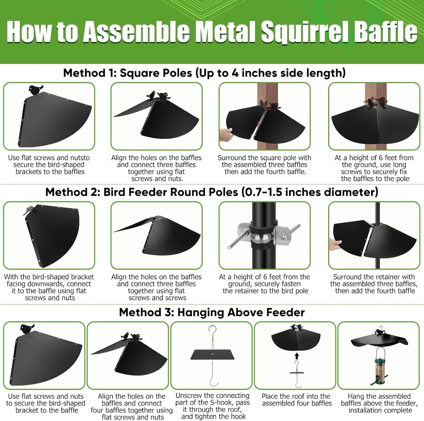 Metal Squirrel Baffle, 24 Inch Squirrel Guard for Bird Feeder Pole Or Shepherd's Hooks, Adjustable Opening Size for 4x4 Post Wooden or 0.7-1.5 Inch Round Pole, Hanging Squirrel Baffles