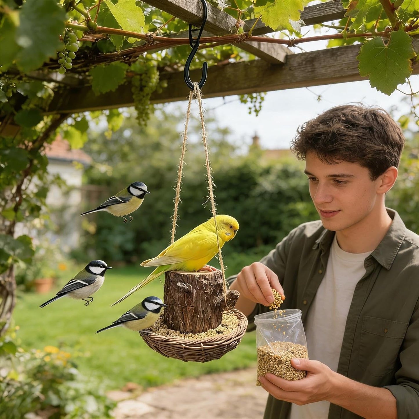 Bird Feeders Outdoors - Tree Stump Shaped Resin, Feeder Dish Medium Size, Durable Resin Material, Decorative Wildlife Attraction for Garden Backyard Patio Lawn Window Balcony Deck