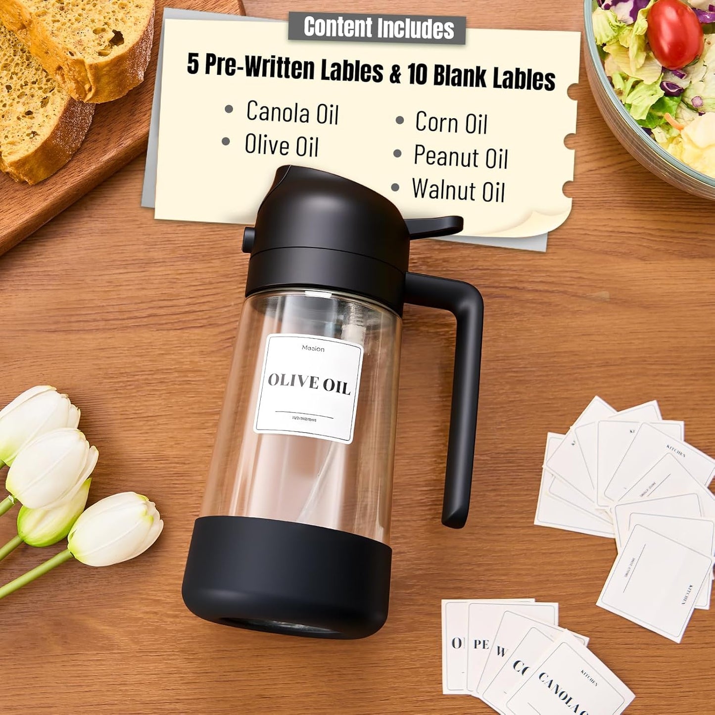 PARACITY Oil Dipenser Bottle with Silicone Bottom, 2 in 1 Olive Oil Sprayer and Dispenser, Oil Spray Bottle 500ML/ 17OZ for Cooking, Kitchen, BBQ, Air Fryer, Salad, Baking(1PC Black)