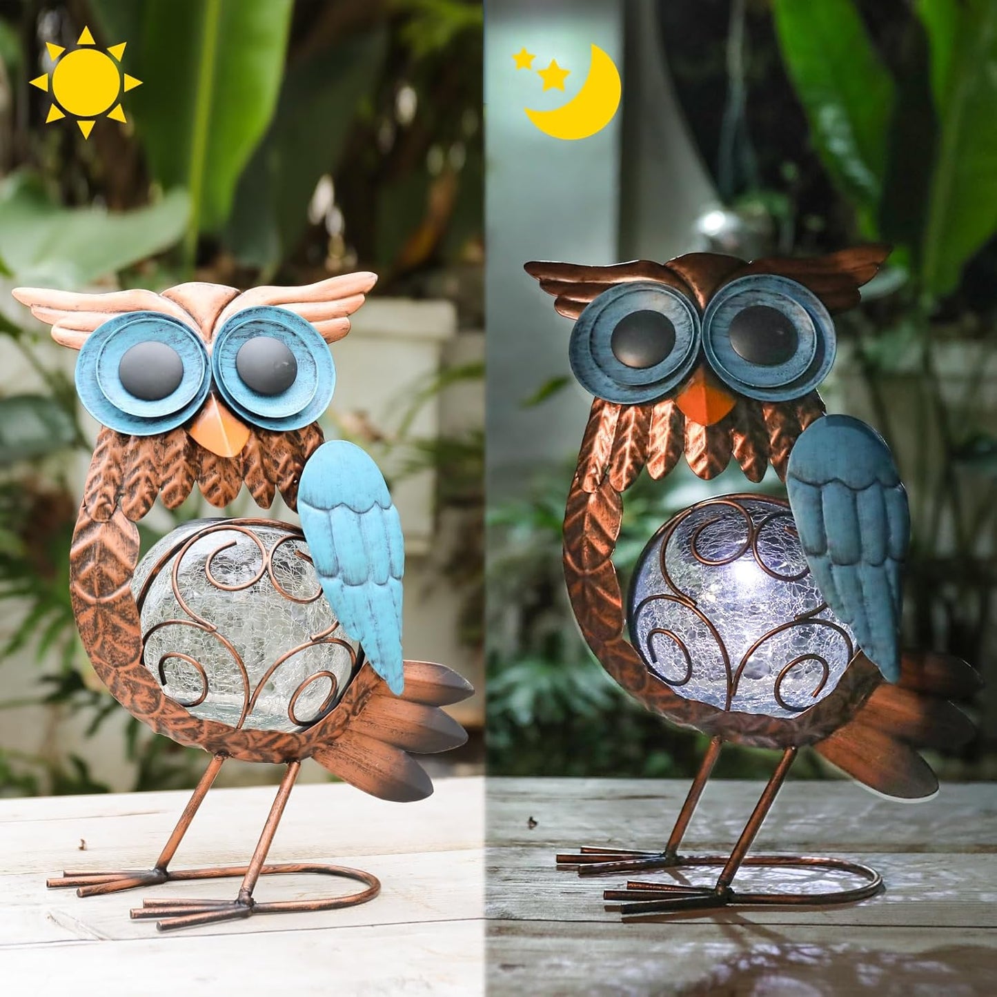 MUMTOP Solar Lights Outdoor Garden Owl Decor, Owl Solar Light Outdoor Waterproof with Crackle Glass Globe Gardening Statue Gifts and Metal Yard Art for Lawn Porch Patio Outside Garden