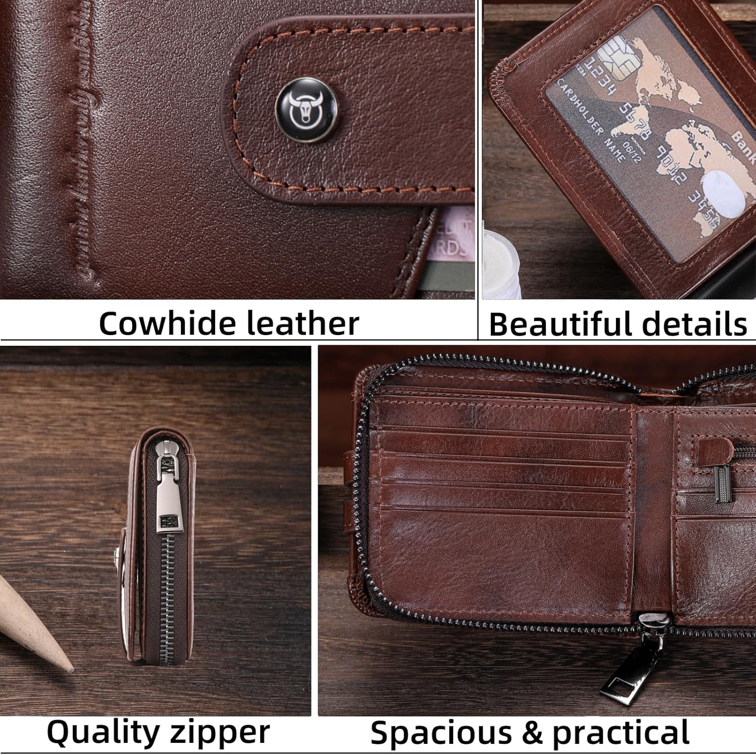 BULLCAPTAIN Genuine Leather Men's Wallet with Zipper Vintage RFID Bloc