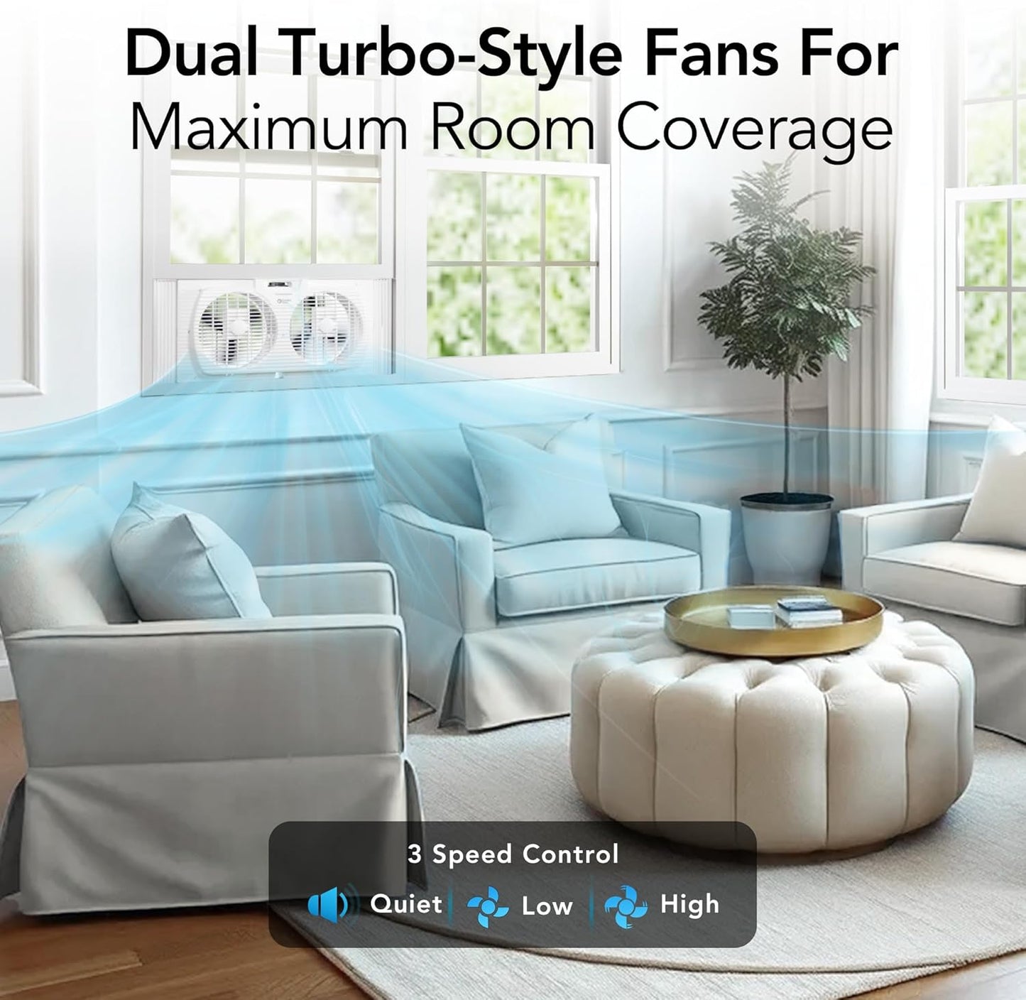 Comfort Zone 9-Inch 3-Speed Reversible Twin Window Fan – Dual Blade Window Exhaust Fan with Auto-Locking Expanders, 22.25" to 33" Wide – Tabletop Feet & Removable Bug Screen included