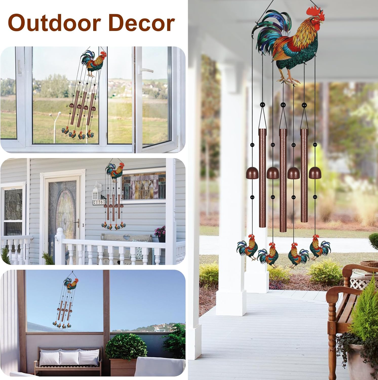 Roosters Wind Chimes for Outside,Metal Windchimes with S Hook with Pla