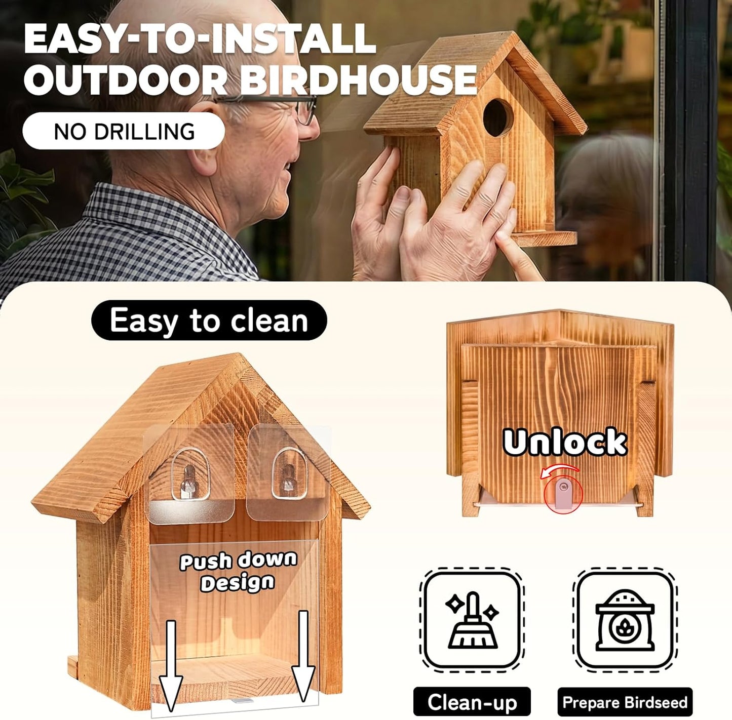 Window Bird Houses for Outside with 2 Powerful Hooks, Clear Window Bird House for Viewing Inside, Hanging Wooden Birdhouses to Paint for Outdoors, Bird Nesting Box for Bluebird Finch Chickadee