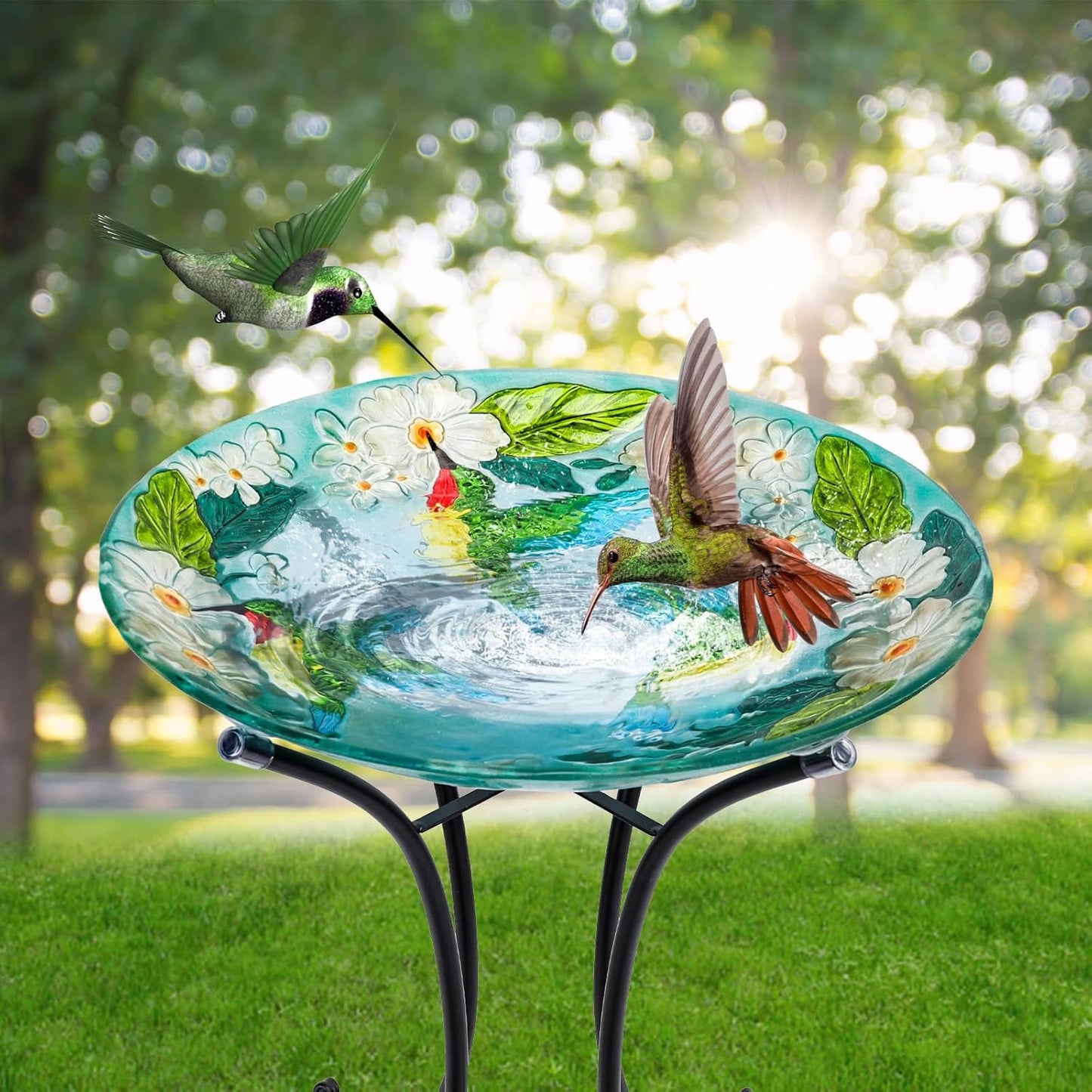 MUMTOP Bird Baths for Outdoors, Hummingbird Glass Large Bird Bath Bowl with Metal Stand, 18 Inch Bird Feeders for Outside and Garden, Patio,Lawn Decor (Hydrangea)