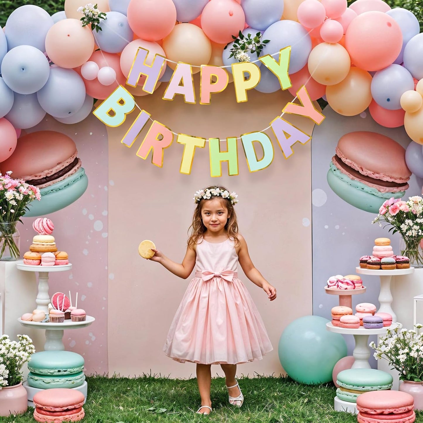 Happy Birthday Banner - 9ft Pre-Strung Happy Birthday Sign for Women, Men, Girls, Boys - No DIY Birthday Decorations & Party Supplies(Macaron)