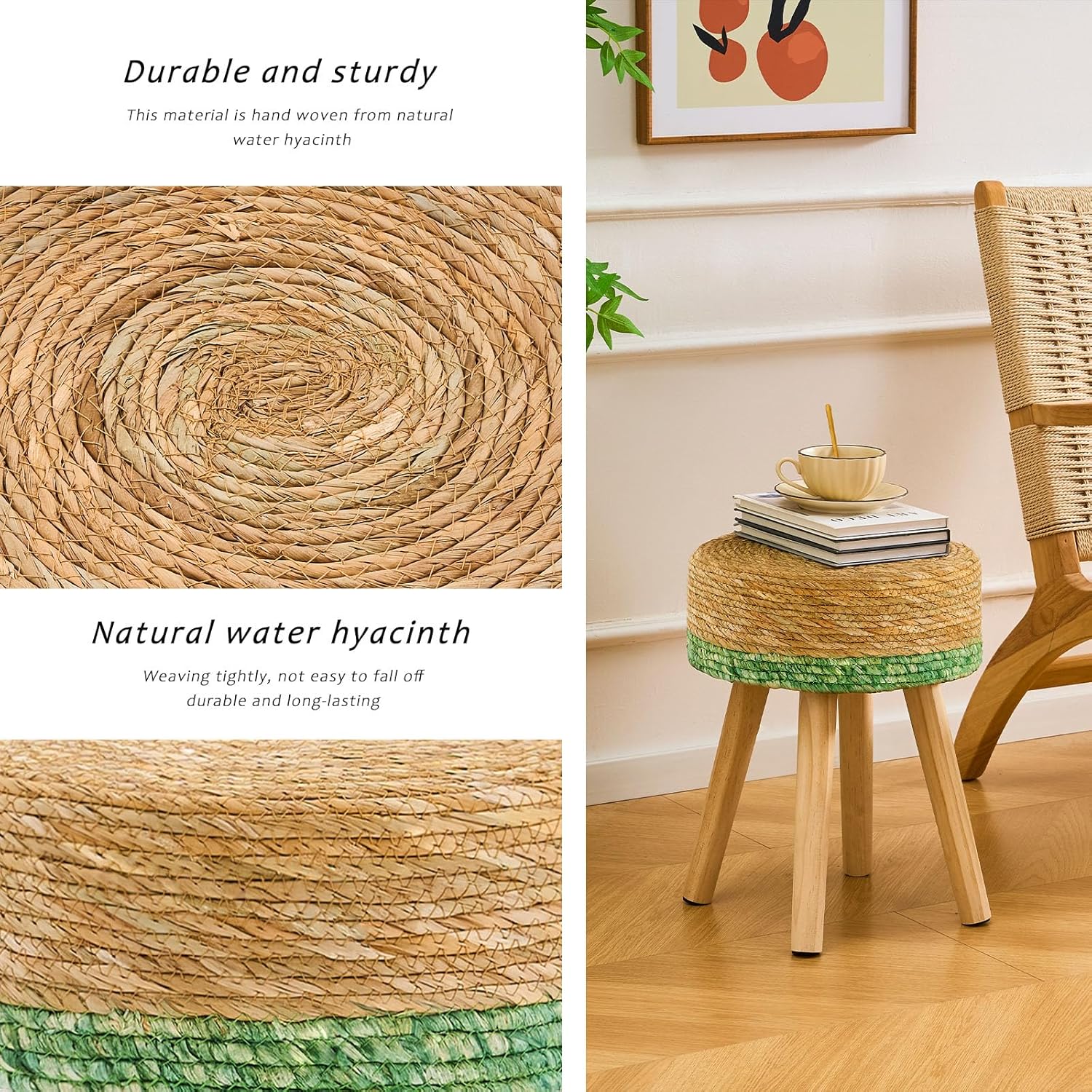 Handwoven Outdoor Ottoman, Water Hyacinth Pouf Round Patio Footstool w