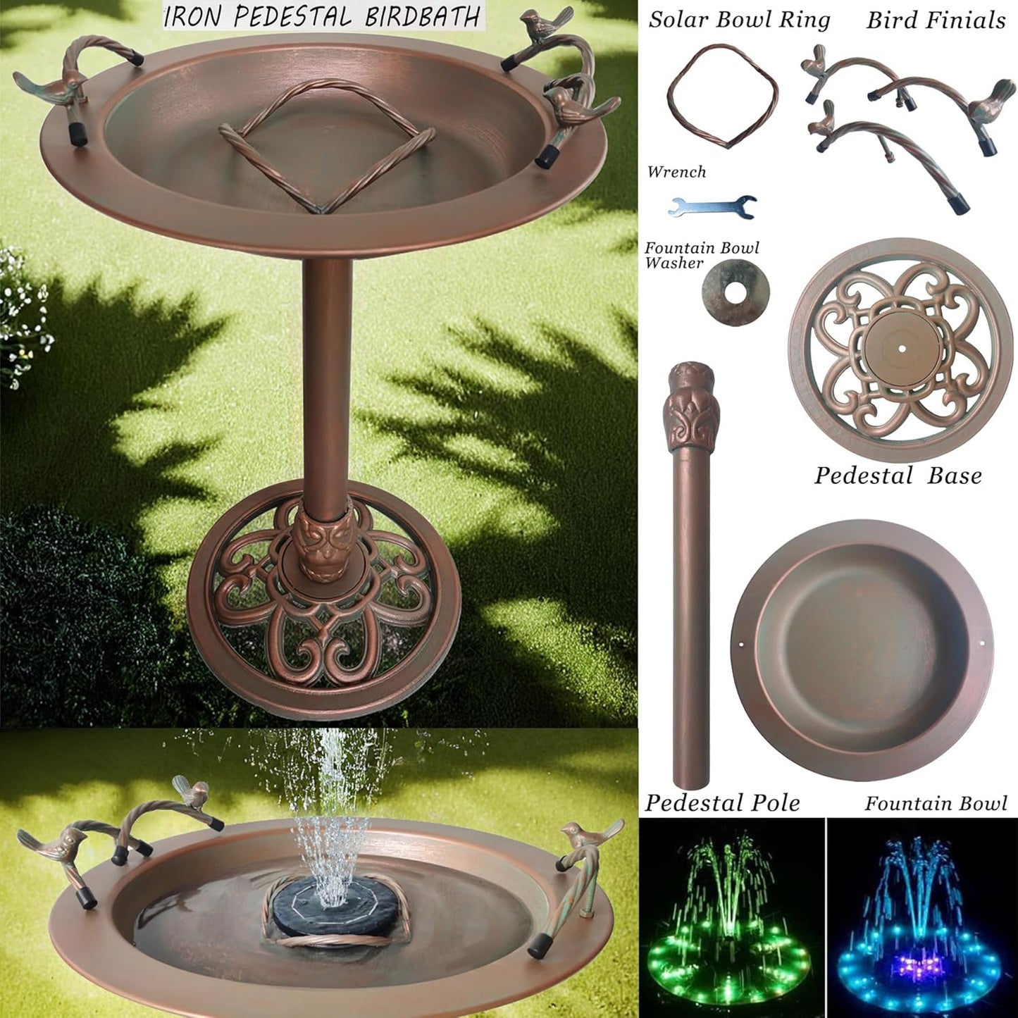 Metal Bird Bath - Iron Birdbath 28.5" H, Bird Bath for Water Fountain, Bird Feeder Bowl for Yard Patio Lawn Decor (Fountain Pump not Included)