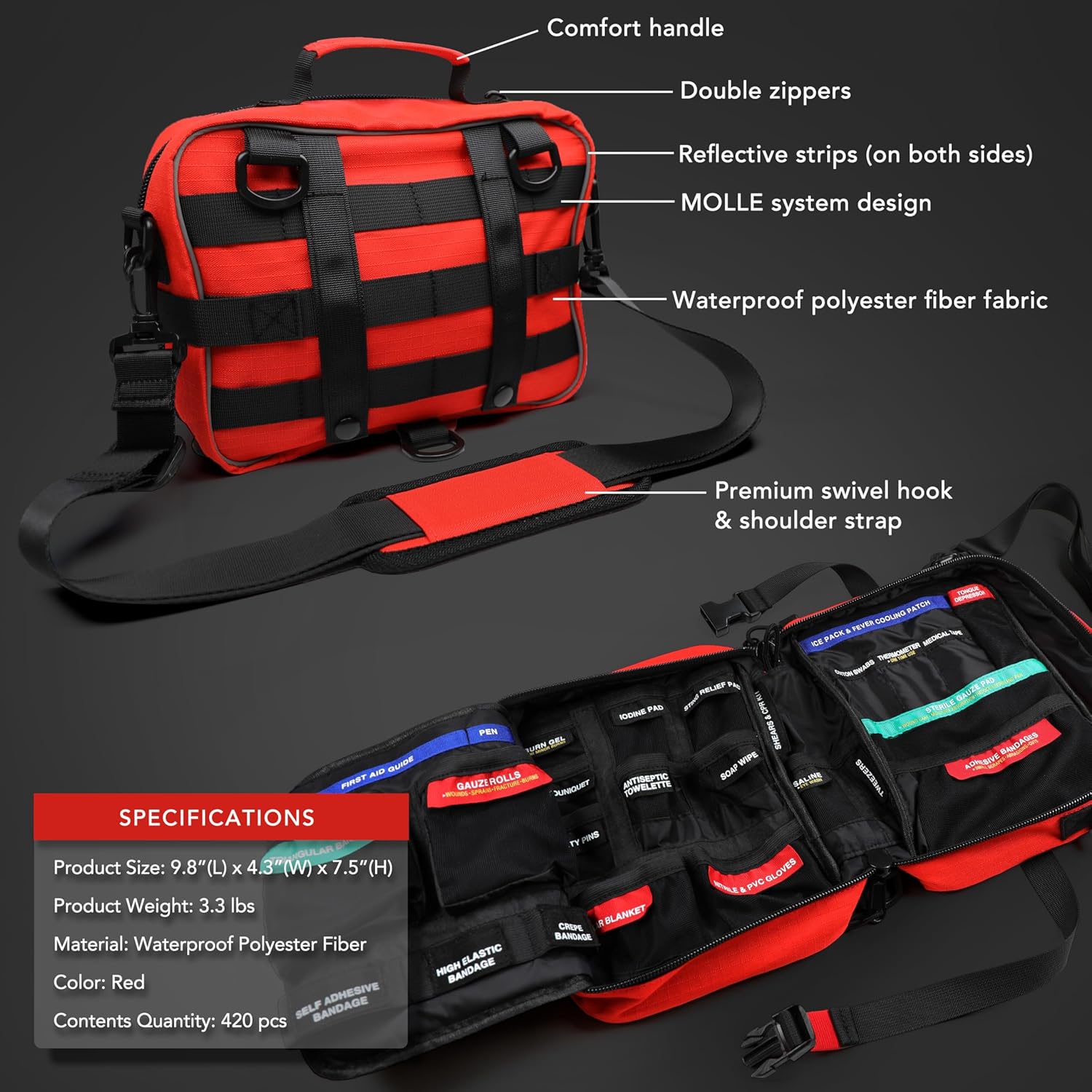 430 Piece First Aid Kit, Well-Organized Premium Waterproof Compact Tra