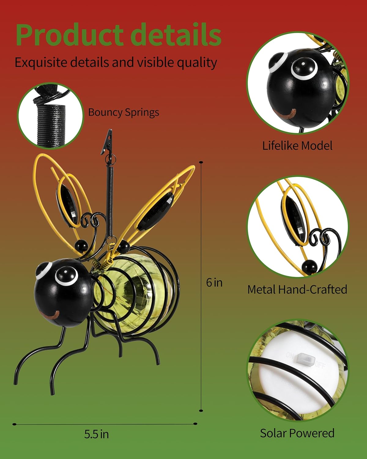 Lighted Outdoor Display - Solar Powered Hanging Bee Decor with Bouncy Springs - Outdoor Hanging Solar Lights for Garden Decor, Yard, Patio, Porch (Yellow)