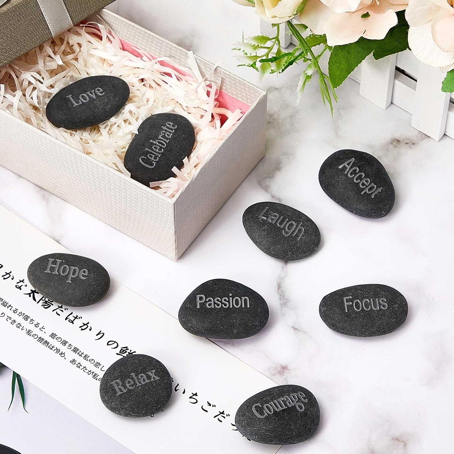 Fabbay Engraved Inspirational Stones, Encouragement Motivational Rocks with Words, Natural River Stone Bulk Set for Garden Decor, Meditation, Positive Gifts & Easter Decorations(Black,40 Pcs)