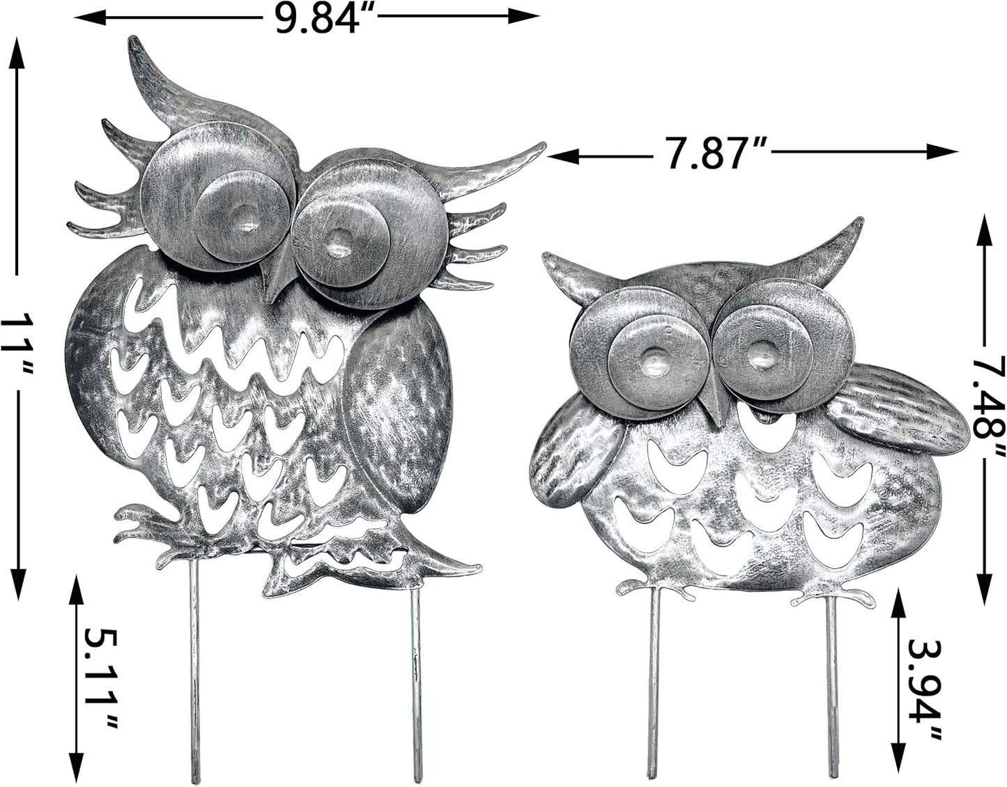 Pack of 2 Metal Owl Garden Statues Silver Silhouette Stakes Decorative Outdoor Animal Sculptures for Yard Decor and Lawn Ornaments
