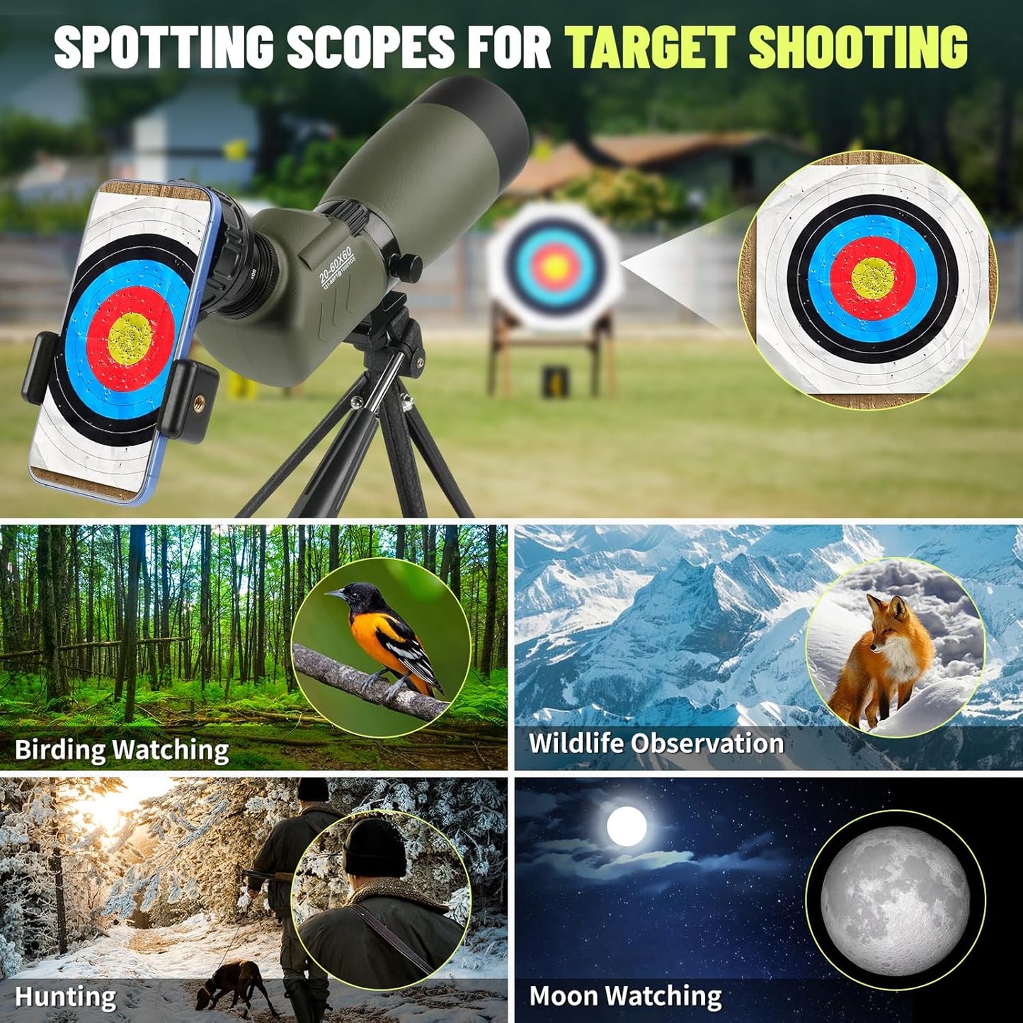 20-60x60 Spotting Scope, IPX7 Floating Waterproof Spotting Scopes for Target Shooting with Tripod BAK4 Prism & FMC Lens, Spotter Scope for Birding Wildlife Viewing, Phone Adapter Carrying Bag, Green