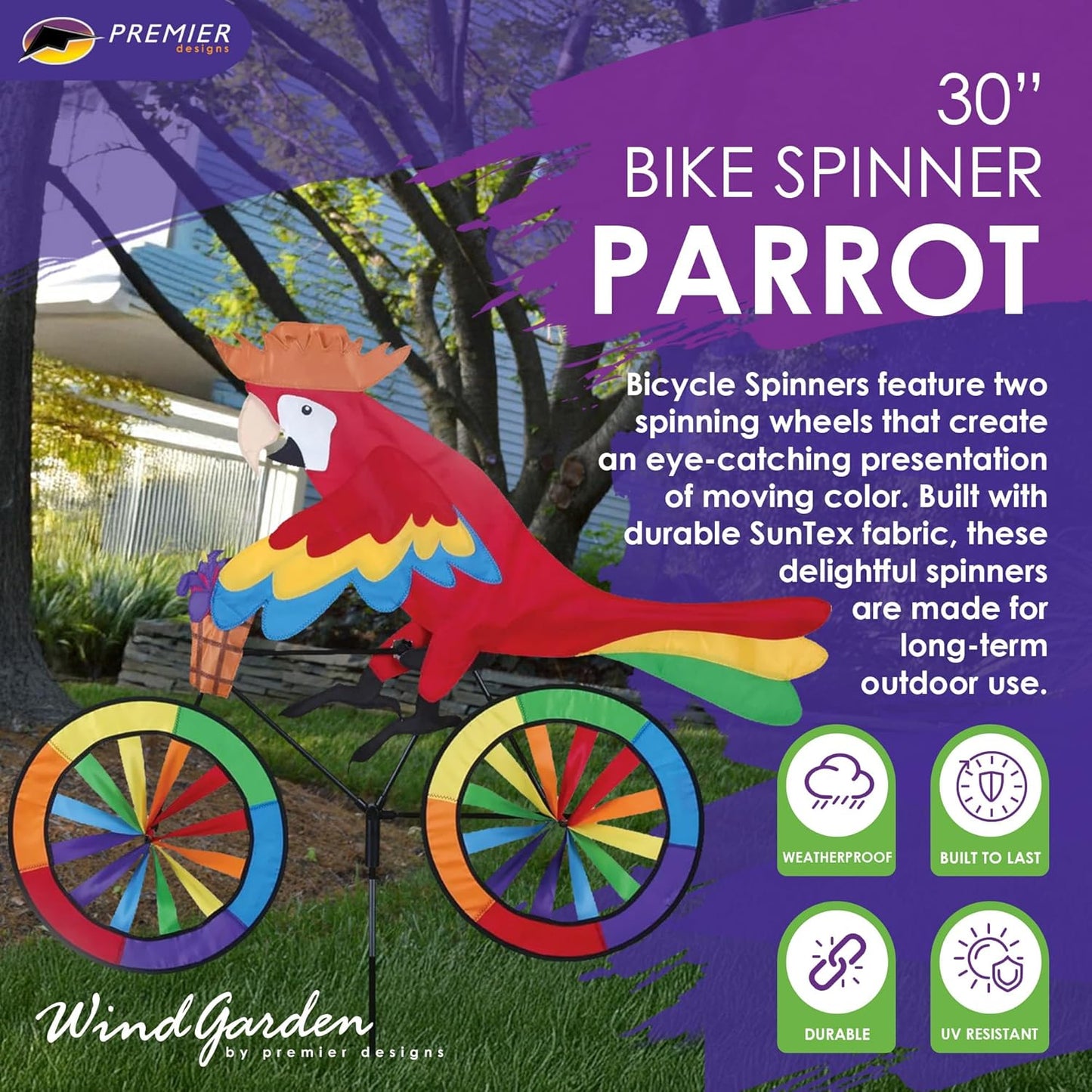 Bike Spinner Parrot 30" – Tropical Bird Design, Weather-Resistant Outdoor Decor, Durable & Lightweight for Patios, Yards, and Gardens - Eye-Catching Wind Spinner with Rotating Wheels