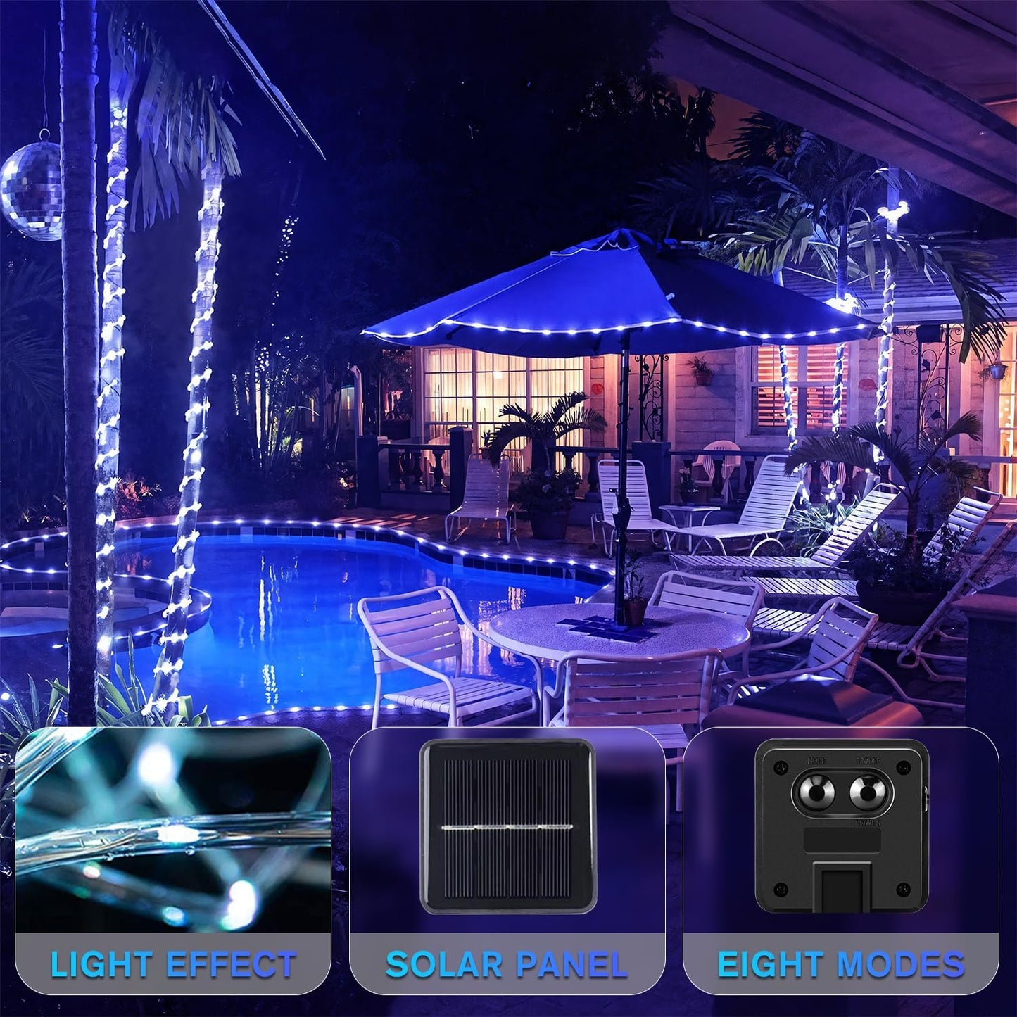 ANJAYLIA 33FT 100 LED Solar Rope Lights Outdoor Waterproof, Solar Powered Rope String Lights with 8 Modes for Outdoor, Patio, Garden, Camping, Holiday & Christmas Décor Cool White