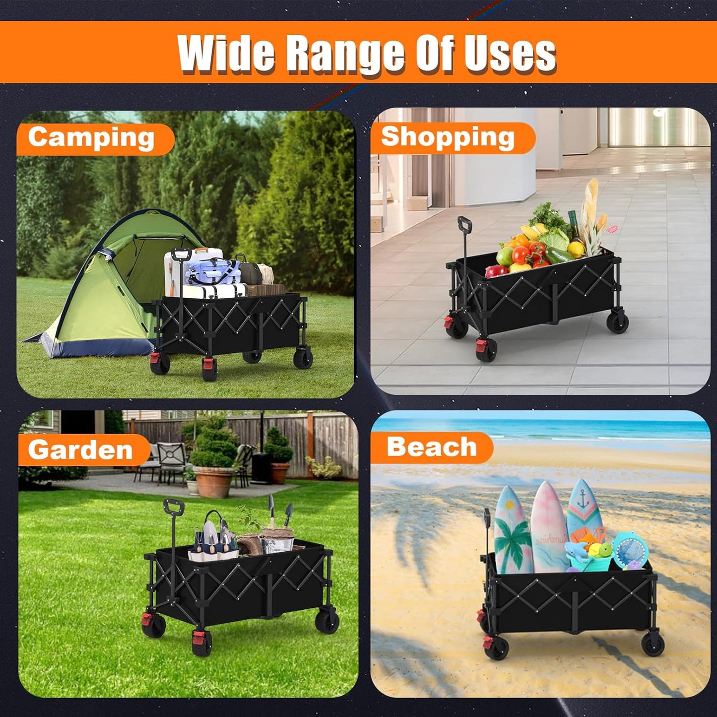 41" L Collapsible Large Wagon Cart Foldable, 460LB Weight Capacity 220