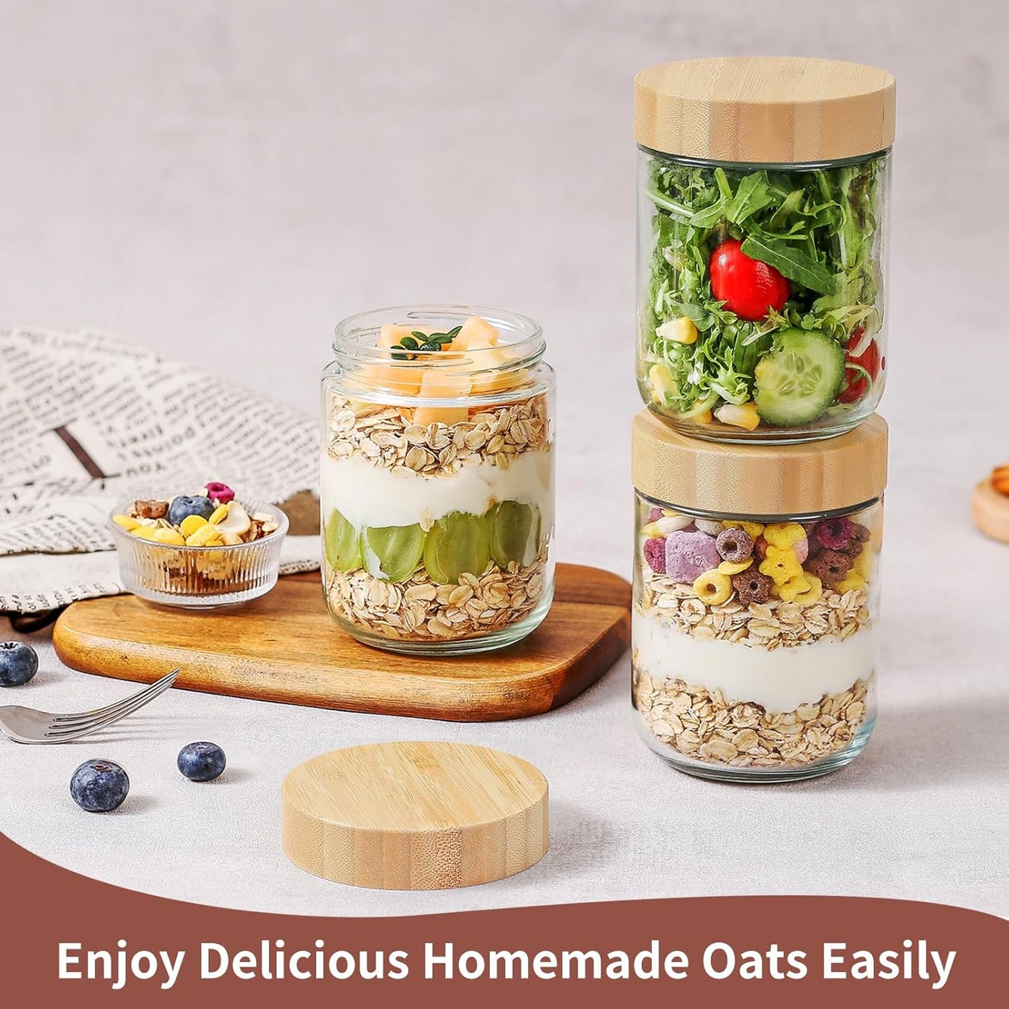 DRKIO 16 Oz Overnight Oats Containers with Bamboo Lids - 4 Pack Glass 