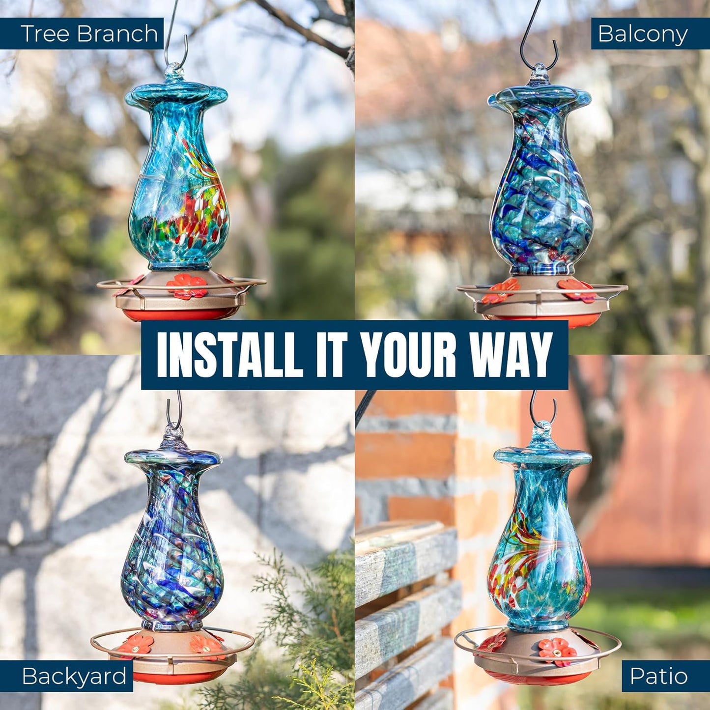 MEKKAPRO Hummingbird Feeders for Outdoors Hanging Glass 20oz, Decorative Feeder with Blown Stained Waterdrop Glass Design for Outdoors and Backyard, Easy Fill with 4 Nectar Feeding Flowers (Sky Blue)