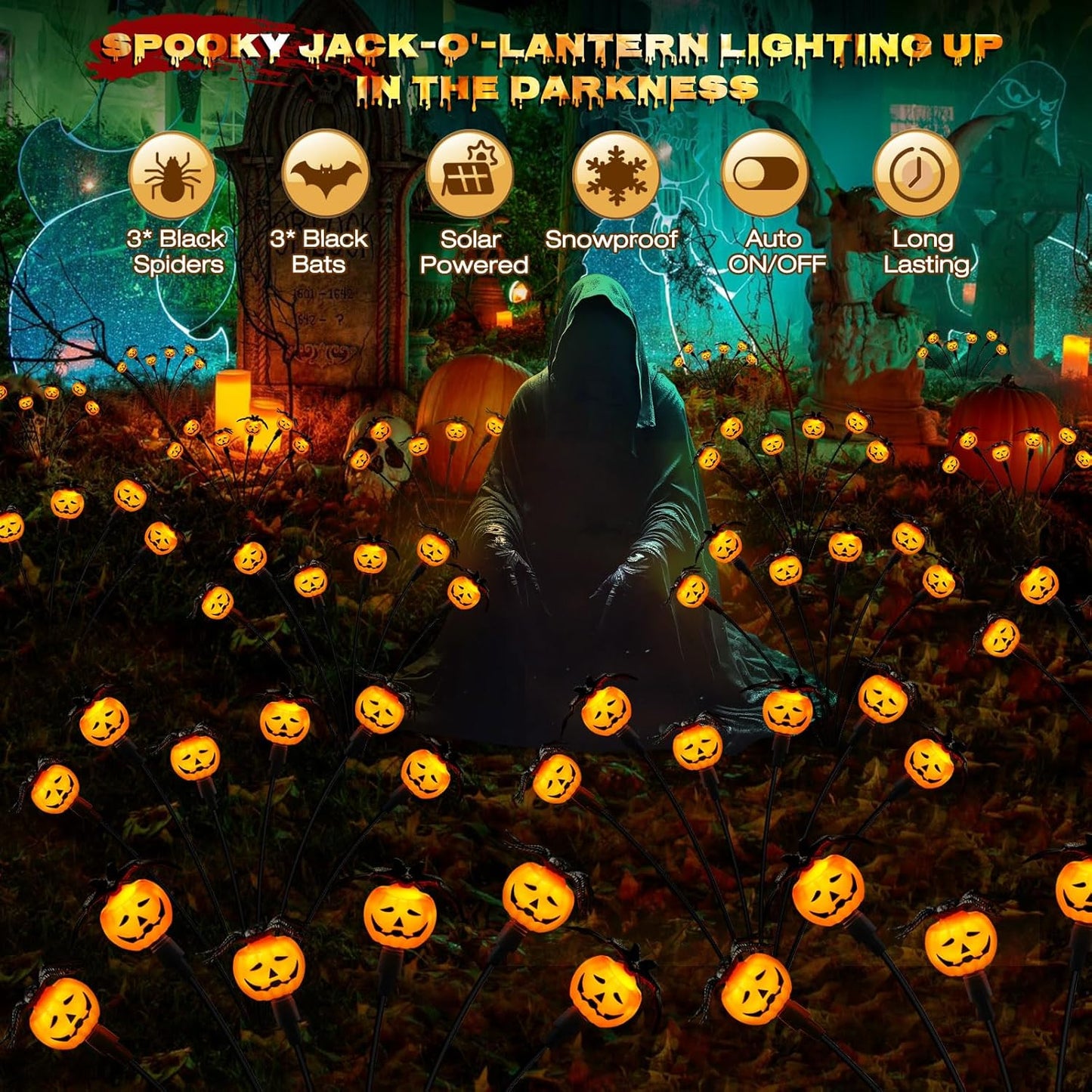 Halloween Decorations Outdoor 2 Pack Solar Lights, 12 LED Scary Pumpkin Swaying Firefly Lights with Spider & Bats for Outside Garden Yard Lawn Grave Cemetery Ghost Decor Party, Orange