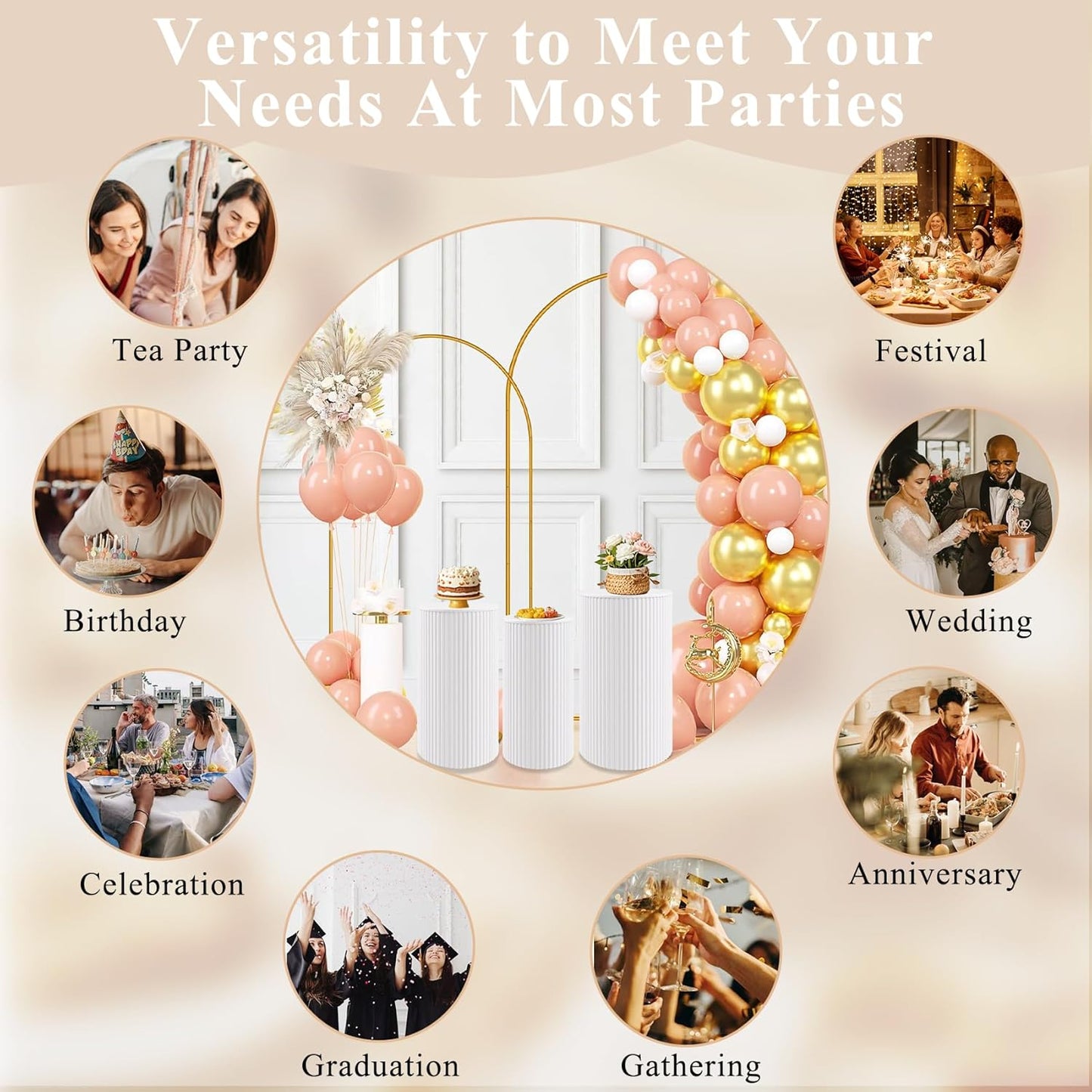 Metal Pleated Cylinder Pedestal Stands for Party, 3 Pieces Heavy Duty Round Cake Pedestal Stand Display Plinth Pillars Art Decor for Wedding Ceremony Birthday Party（Small, White）
