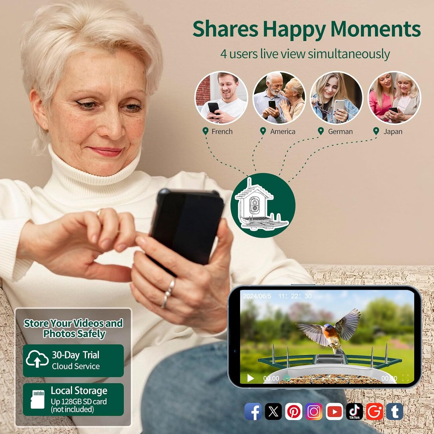 Smart Bird Feeder with Camera,Ai Identify Birds Watching Camera with Solar Powered,FHD Live View, Auto Capture Birds Video in Backyard,Porch, Patio,Ideal Gifts for Family and Bird Lovers (Dark Green)