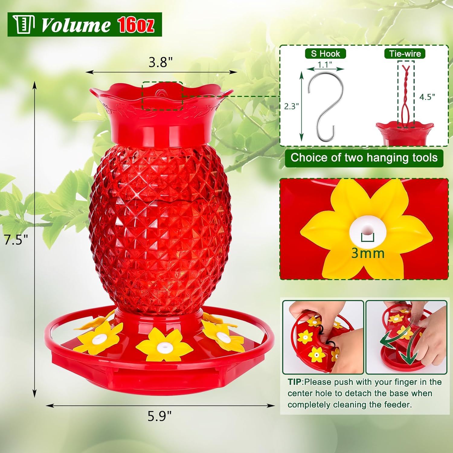 Glass Hummingbird Feeders for Outdoors Hanging Ant and Bee Proof 16OZ 