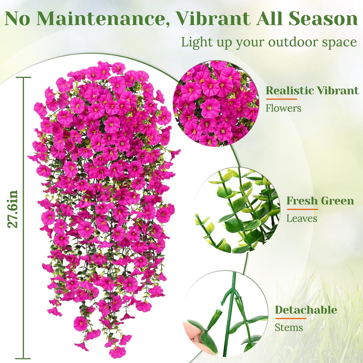 MARTINE MALL 2 Pcs Look Real Artificial Flowers for Outdoors, Realistic Artificial Hanging Flowers for Outdoors, UV Resistant Fake Hanging Plants Silk Petunia Faux Flowers for Porch Patio, Fuchsia