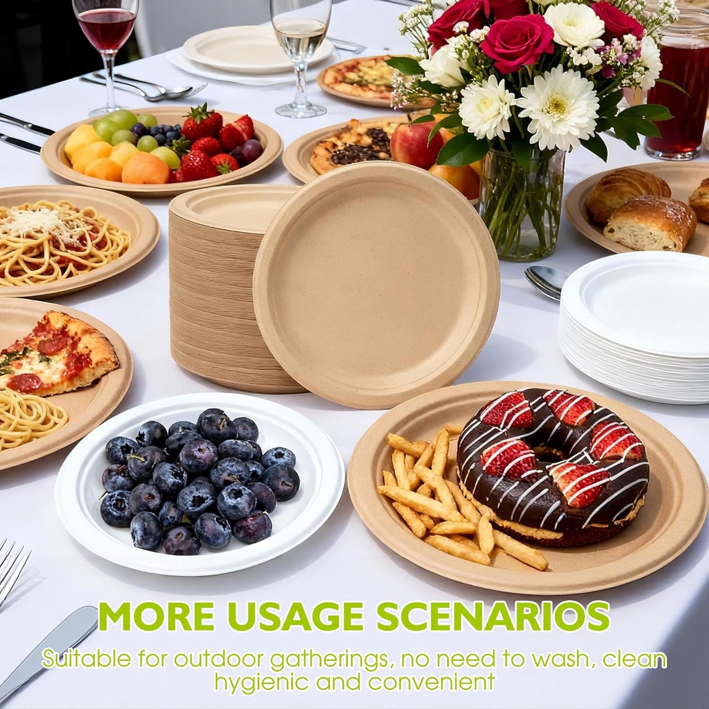 9 Inch 125 Pack Compostable Paper Plates, Biodegradable Heavy Duty Disposable Plates, Round Unbleached Brown Plates Made from Natural Sugarcane Fibers, for Party, Camping, Picnic