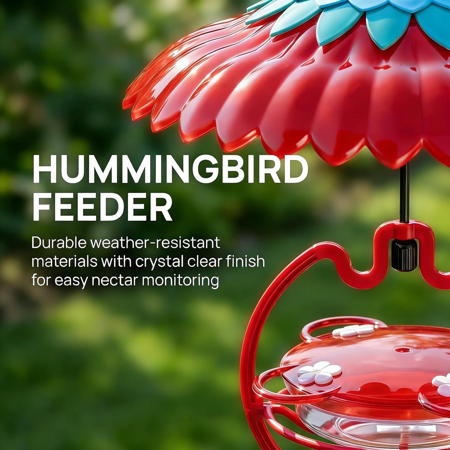 Shirem Hummingbird Feeder Sweety Hanging High View with Rain Cover for Outdoors 9.5 OZ with 4 Bee Guard Feedering Ports, 11" Dome Weather Ant Proof by Beserie,Red