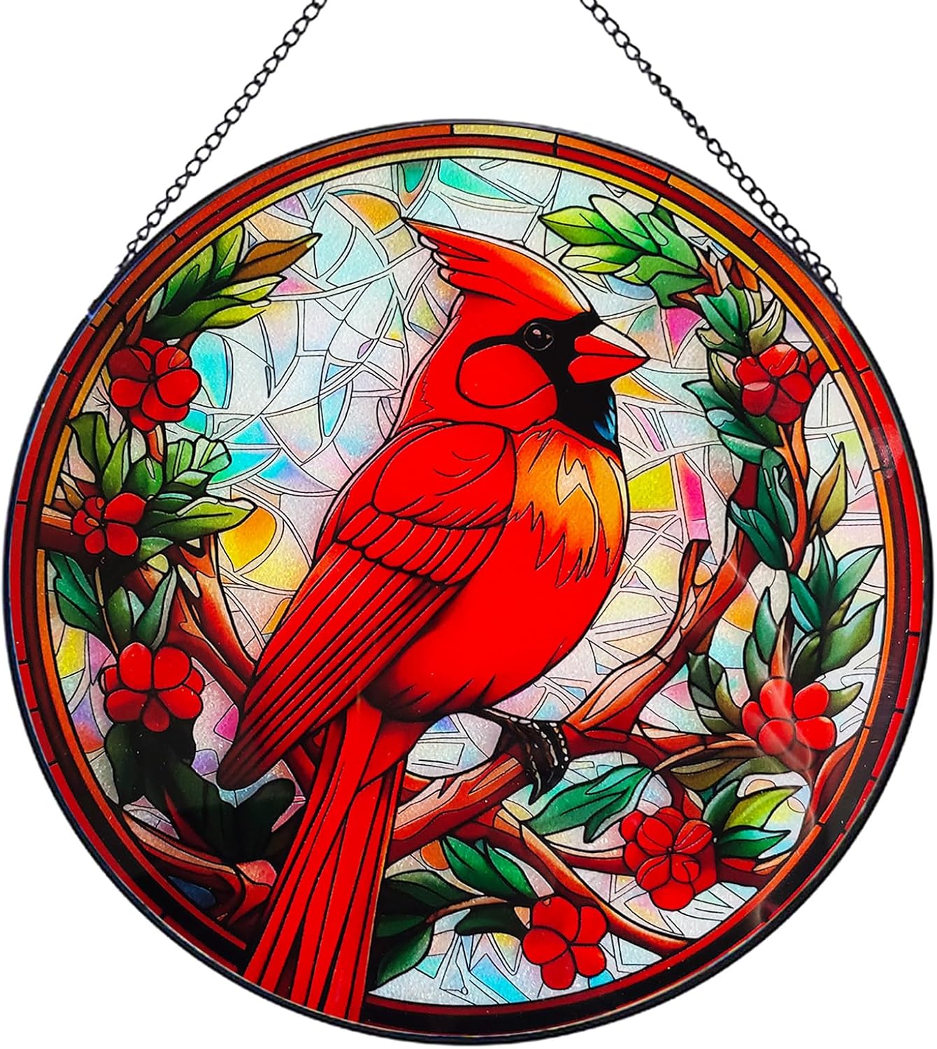 7.87" Cardinal on Branch Stained Glass Window Hanging,Red Bird Memorial Suncatcher,Bird Ornaments，Cardinal Gifts for Women Mom Grandma