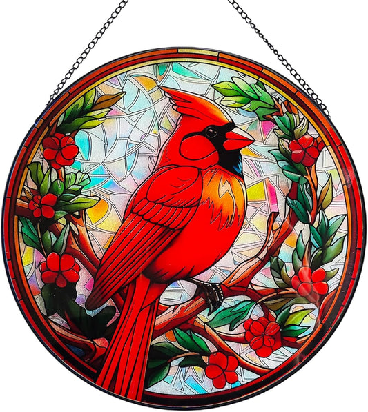 7.87" Cardinal on Branch Stained Glass Window Hanging,Red Bird Memorial Suncatcher,Bird Ornaments，Cardinal Gifts for Women Mom Grandma