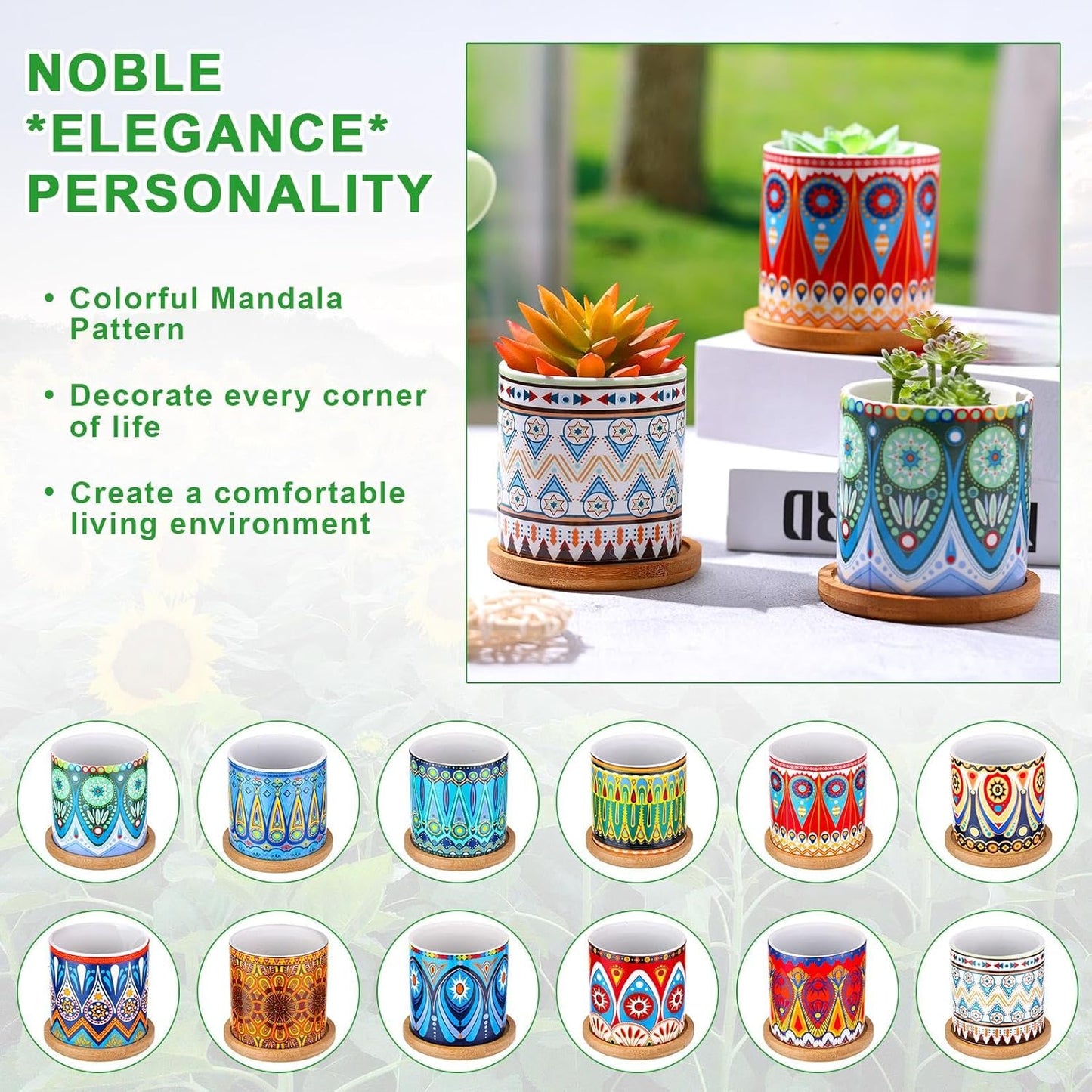 Zopeal 12 Pcs 3 Inch Mandala Ceramic Succulent Pots with Bamboo Trays, Small Indoor Cactus Planters with Drainage Holes for Desk, Windowsill and Home Decor
