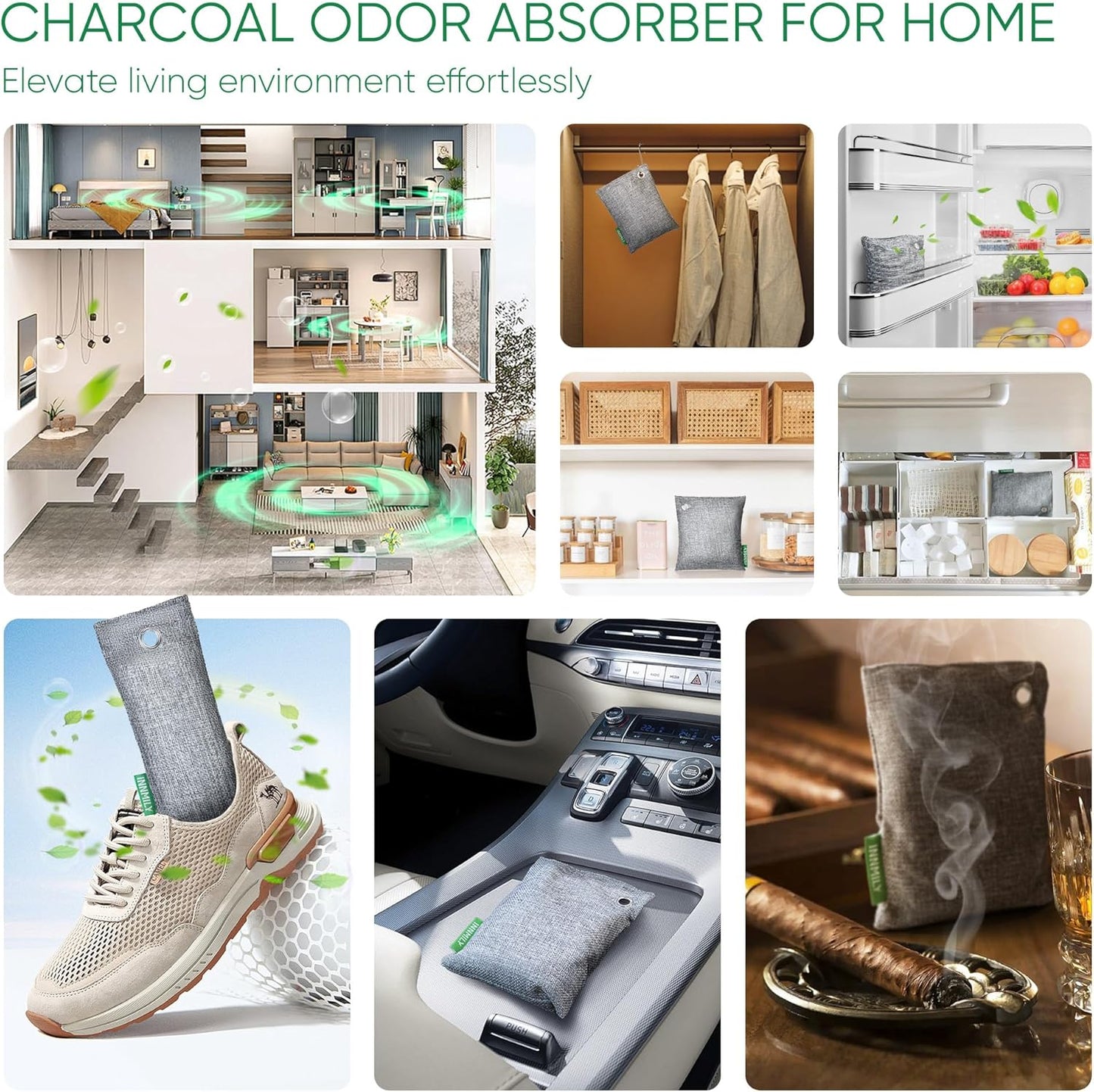 Activated Charcoal Odor Absorber, 6 Pack Natural Shoe Odor Eliminator,